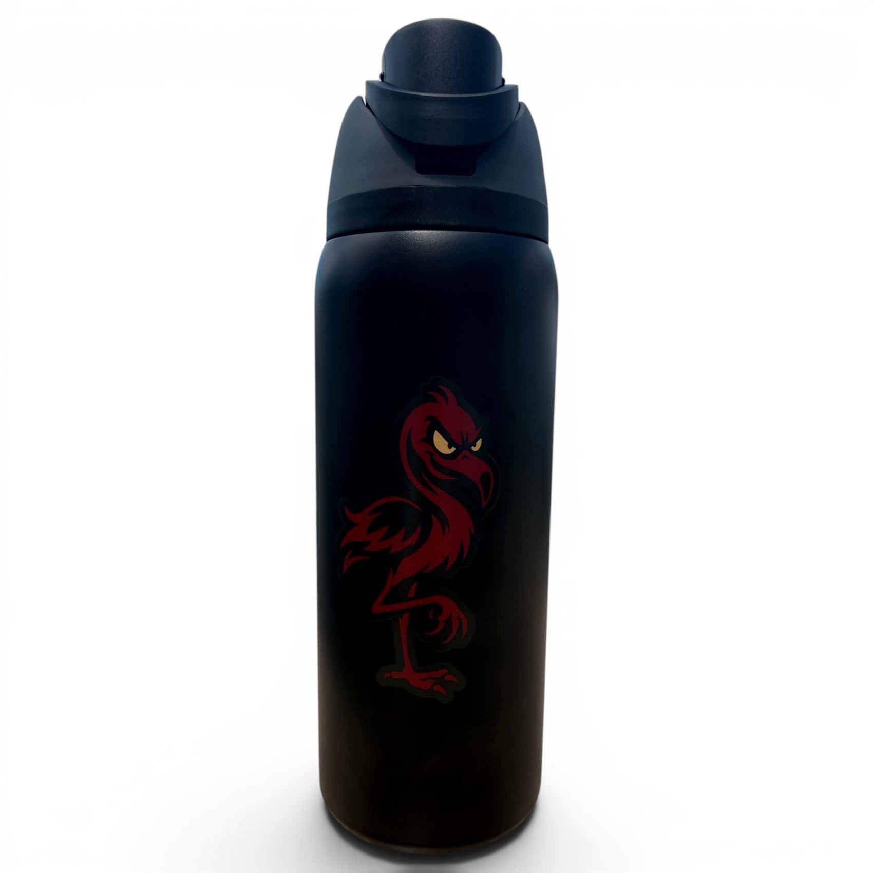 The Hydration Bottle – Jogie Loe's is a 32oz black insulated stainless steel bottle with a flip straw lid and handle, featuring a red bird graphic on a white background—ideal for on-the-go hydration.