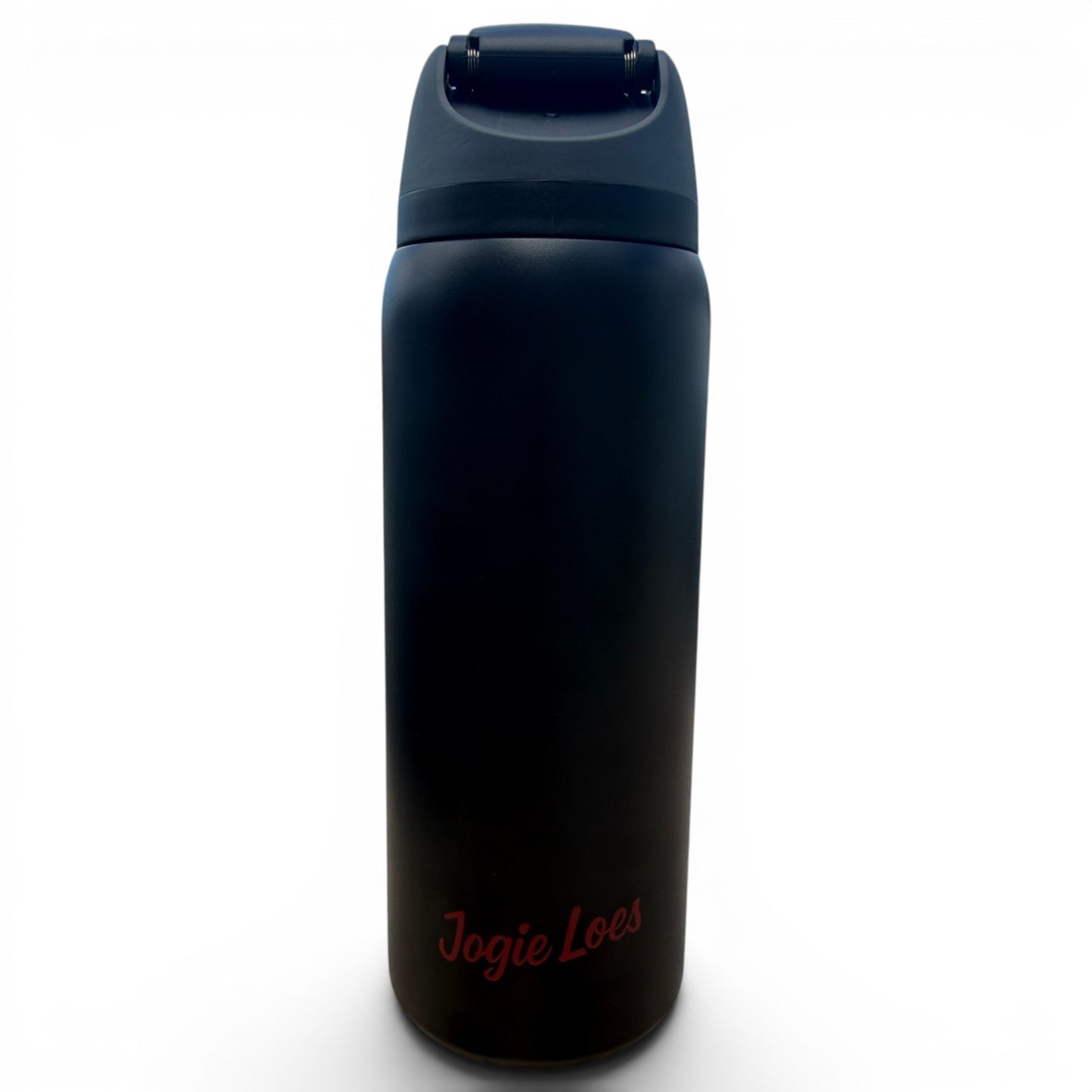 A black 32oz insulated stainless steel Hydration Bottle with flip straw lid and handle, featuring "Jogie Loe's" in red cursive near the bottom, shown against a plain white background.