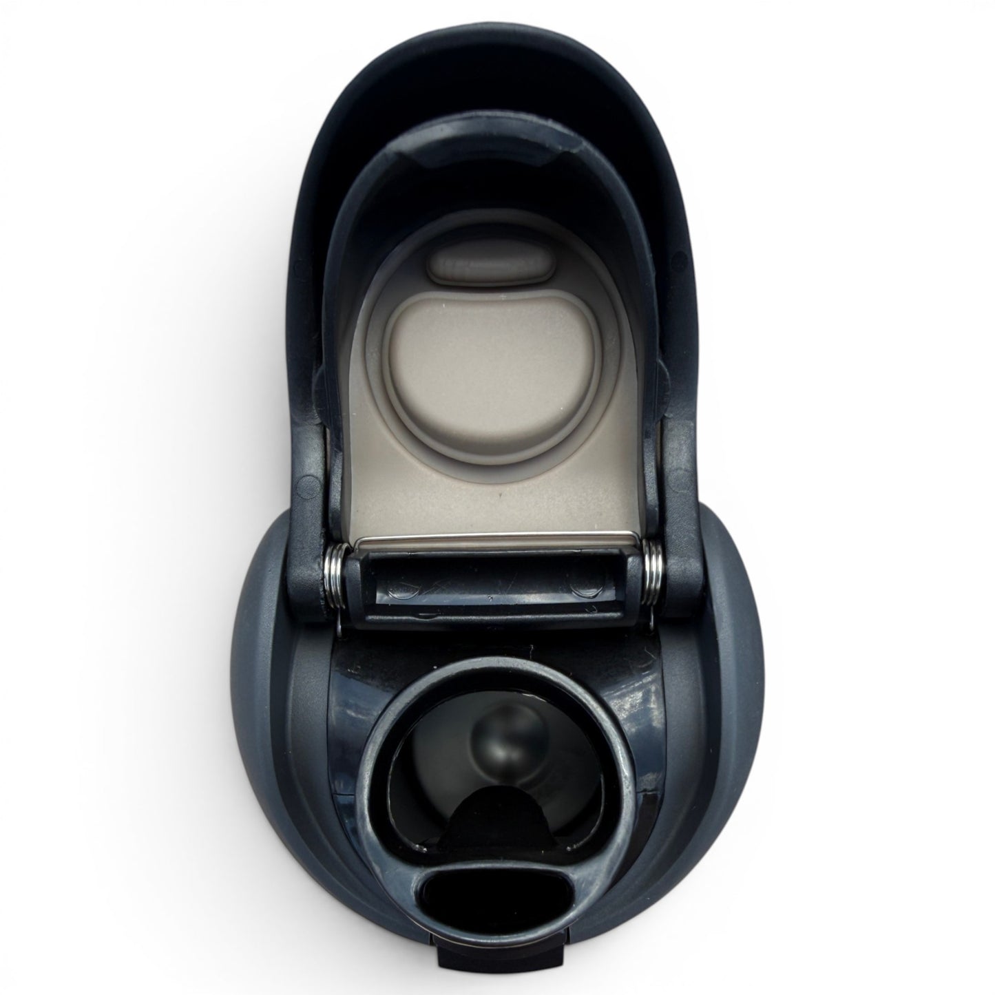 An overhead view of the Hydration Bottle – Jogie Loe's 32oz insulated stainless steel flip straw lid in dark gray, featuring an open flip-top with a visible drinking spout, rubber seal, locking mechanism, and handle.