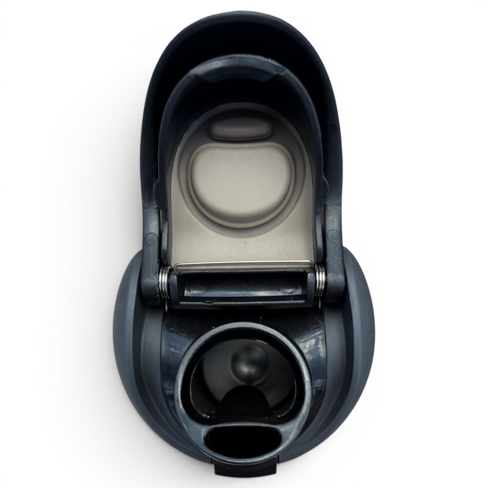 An overhead view of the Hydration Bottle – Jogie Loe's 32oz insulated stainless steel flip straw lid in dark gray, featuring an open flip-top with a visible drinking spout, rubber seal, locking mechanism, and handle.