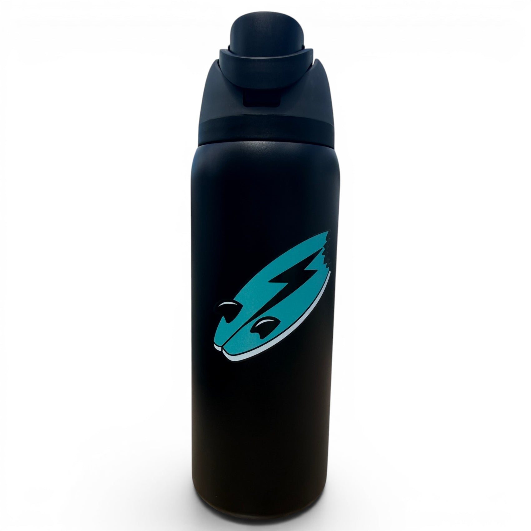 The Hydration Bottle – Shark Bite is a 32oz insulated stainless steel bottle with a flip straw lid and handle. It features a black body and a turquoise-and-black shark logo with a lightning bolt motif, set on a plain white background. Perfect for any adventure.