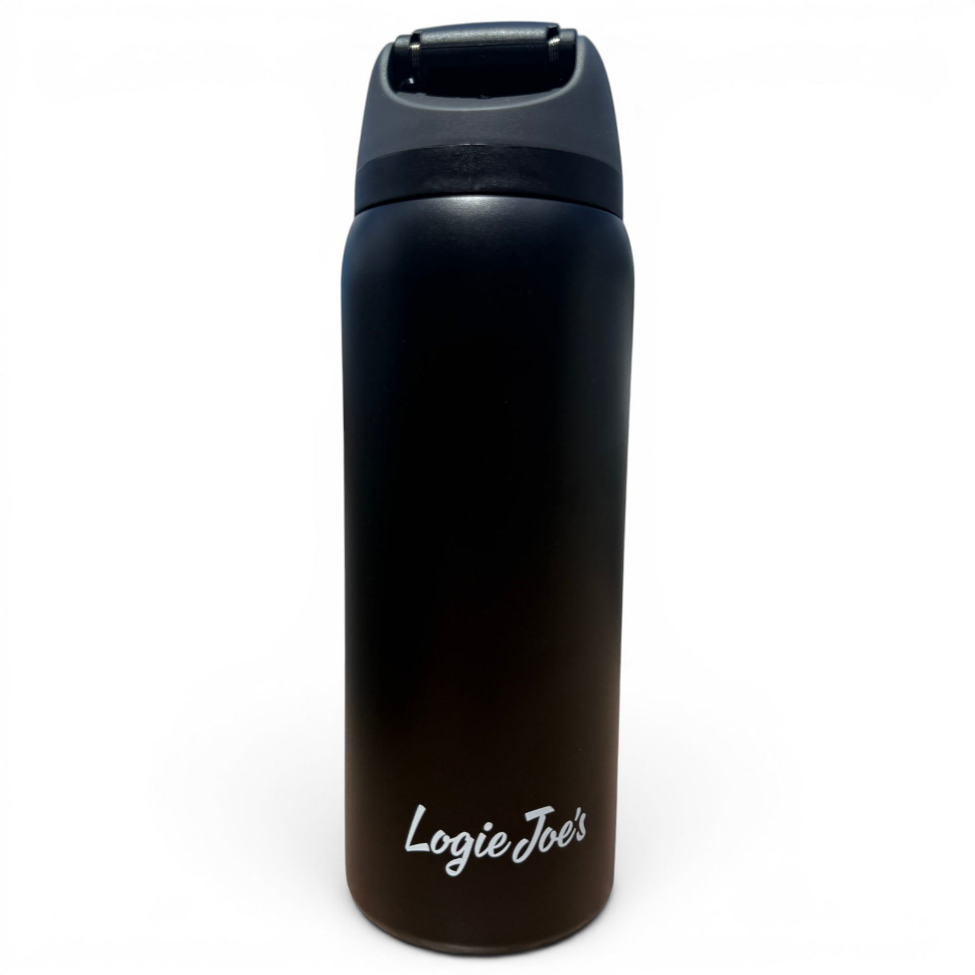 The Hydration Bottle – Shark Bite is a 32oz insulated stainless steel bottle with a flip straw lid and handle. It’s black, features "Logie Joes" in white text on the front, and is perfect for golf or all-day hydration. Shown against a plain white background.