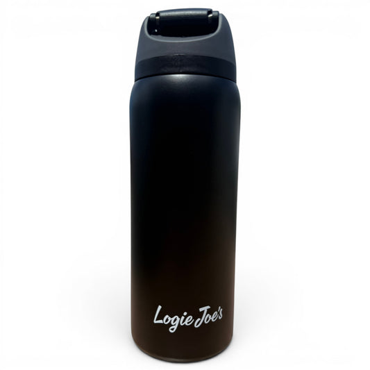 The Hydration Bottle – Shark Bite is a 32oz insulated stainless steel bottle with a flip straw lid and handle. It’s black, features 