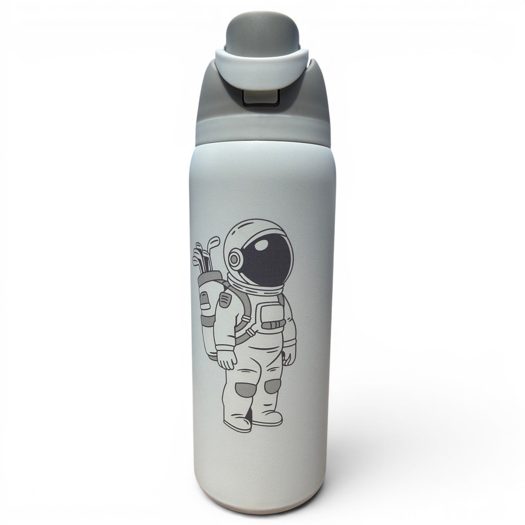 The Hydration Bottle – Astronaut Walker (White Out) is a 32oz insulated stainless steel bottle in white, featuring a flip straw lid with handle and a simple black line astronaut drawing on the side.