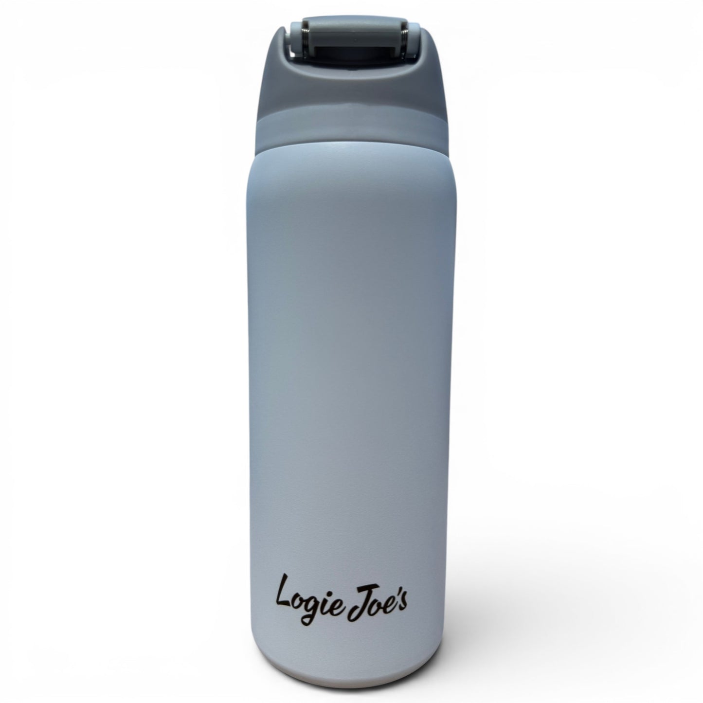 The 32oz Hydration Bottle – Astronaut Walker (White Out) is a white insulated stainless steel water bottle with a gray flip straw lid and handle, featuring "Logie Joes" in black script near the bottom—perfect as a golf water bottle.