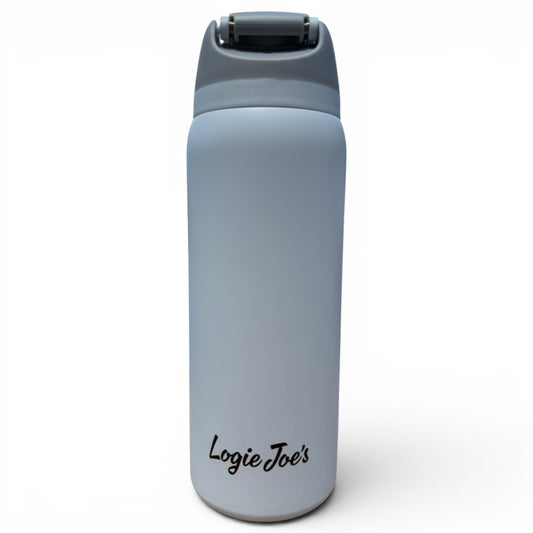 The 32oz Hydration Bottle – Astronaut Walker (White Out) is a white insulated stainless steel water bottle with a gray flip straw lid and handle, featuring 