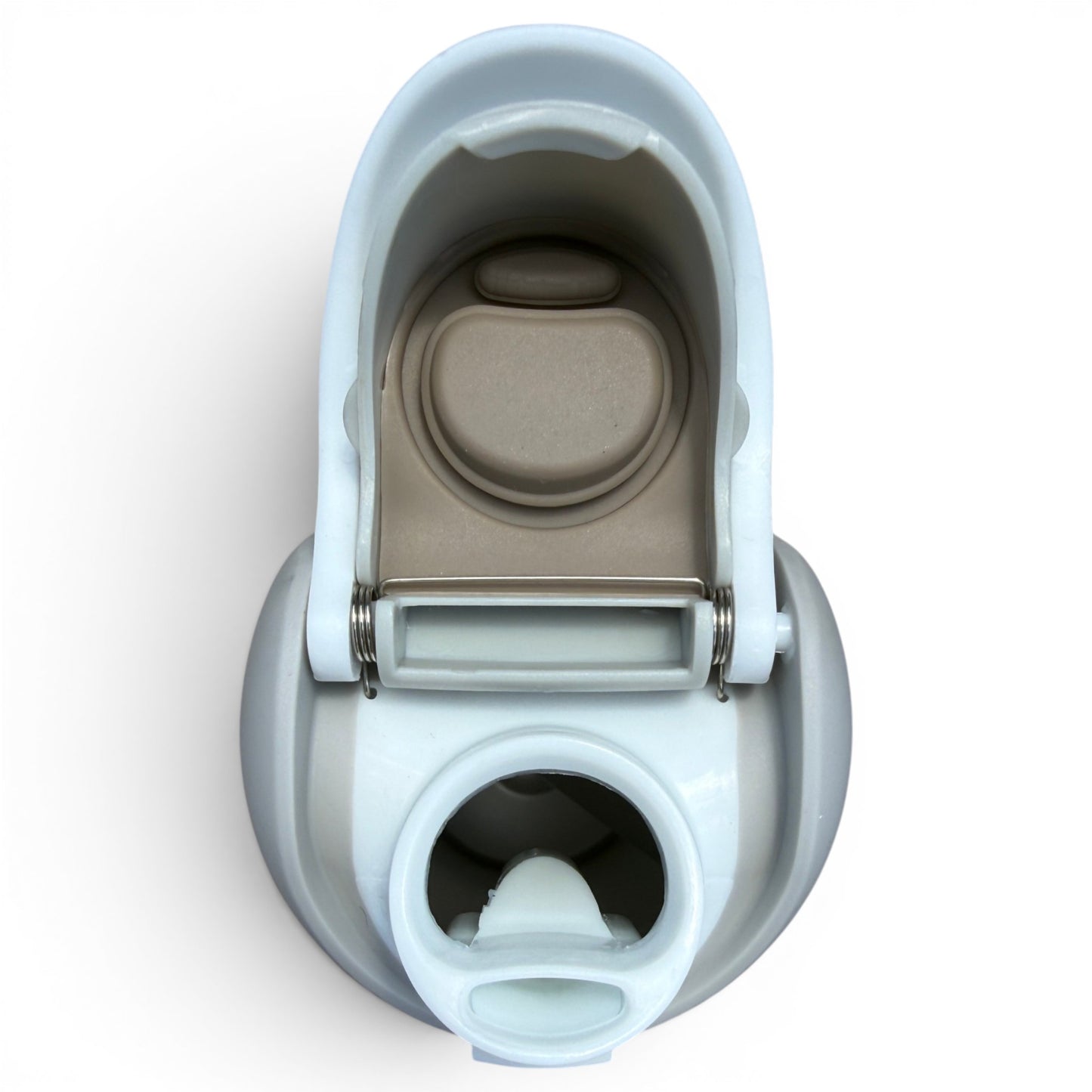 Top-down view of the Hydration Bottle – Astronaut Walker (White Out), a 32oz insulated stainless steel bottle featuring a gray and white flip straw lid with handle and drinking spout.