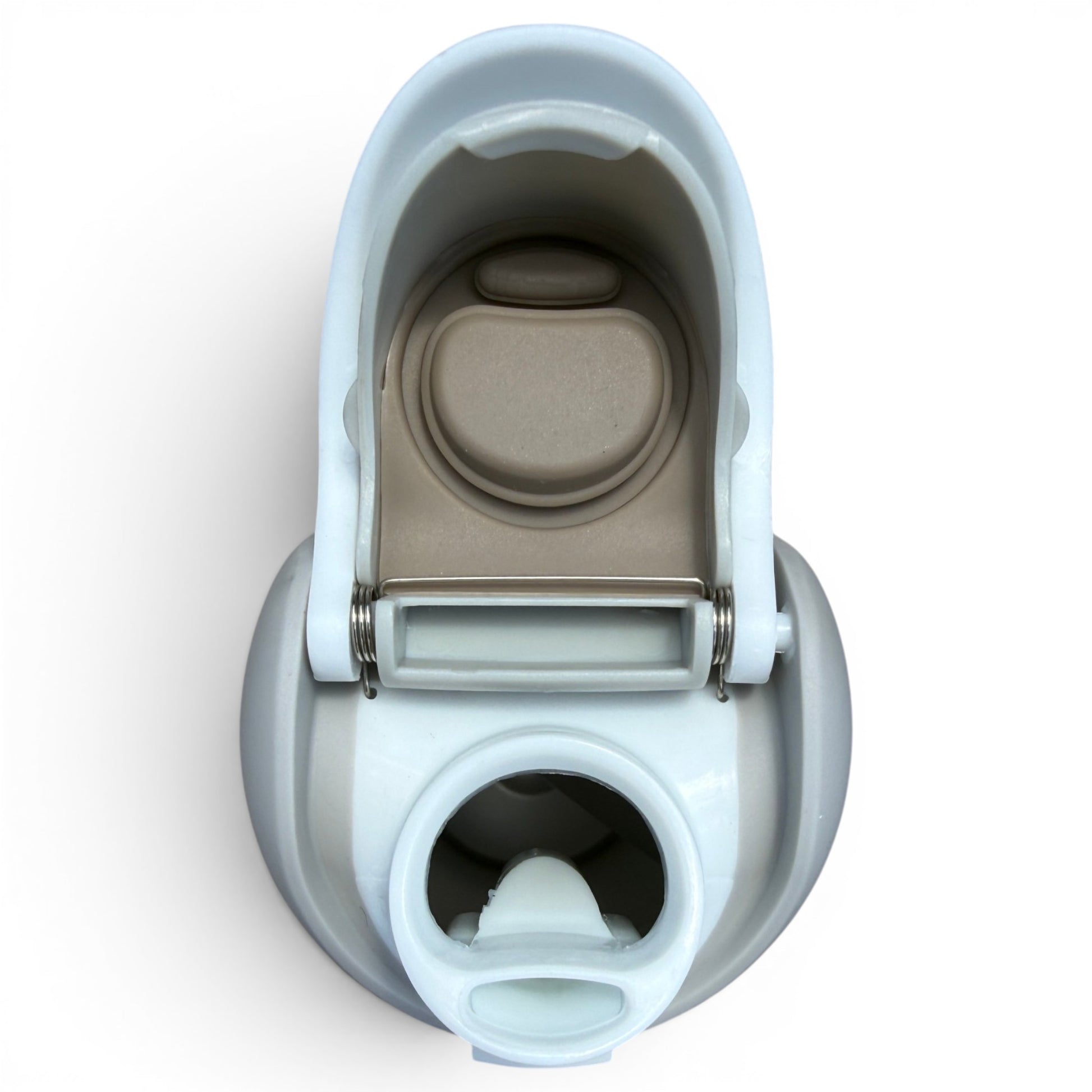 Top-down view of the Hydration Bottle – Astronaut Walker (White Out), a 32oz insulated stainless steel bottle featuring a gray and white flip straw lid with handle and drinking spout.