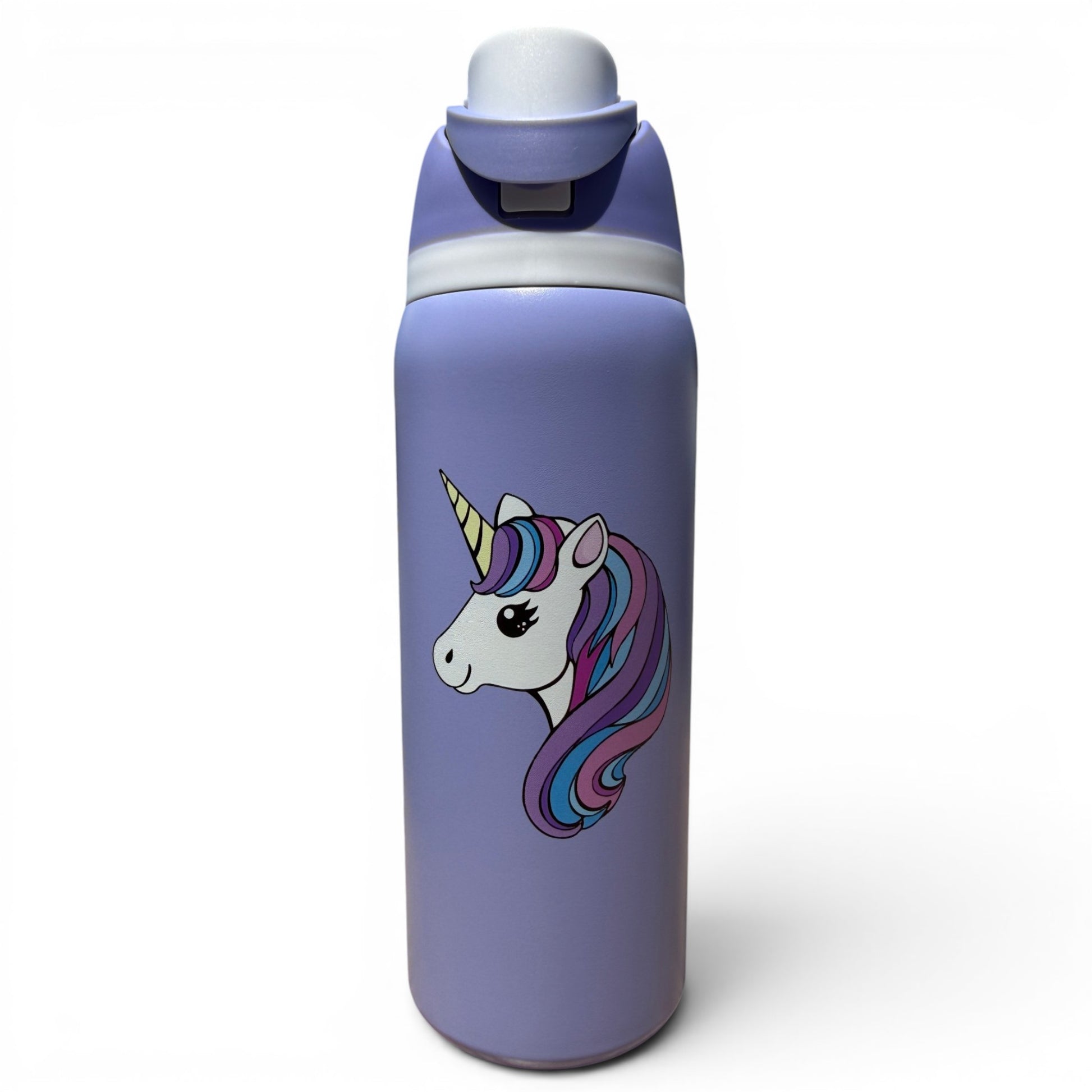The Hydration Bottle – Cute Unicorn is a 32oz lavender insulated stainless steel bottle with a flip straw lid and handle, featuring a cartoon unicorn head with yellow horn, white face, and purple, blue, and pink mane on a plain white background.
