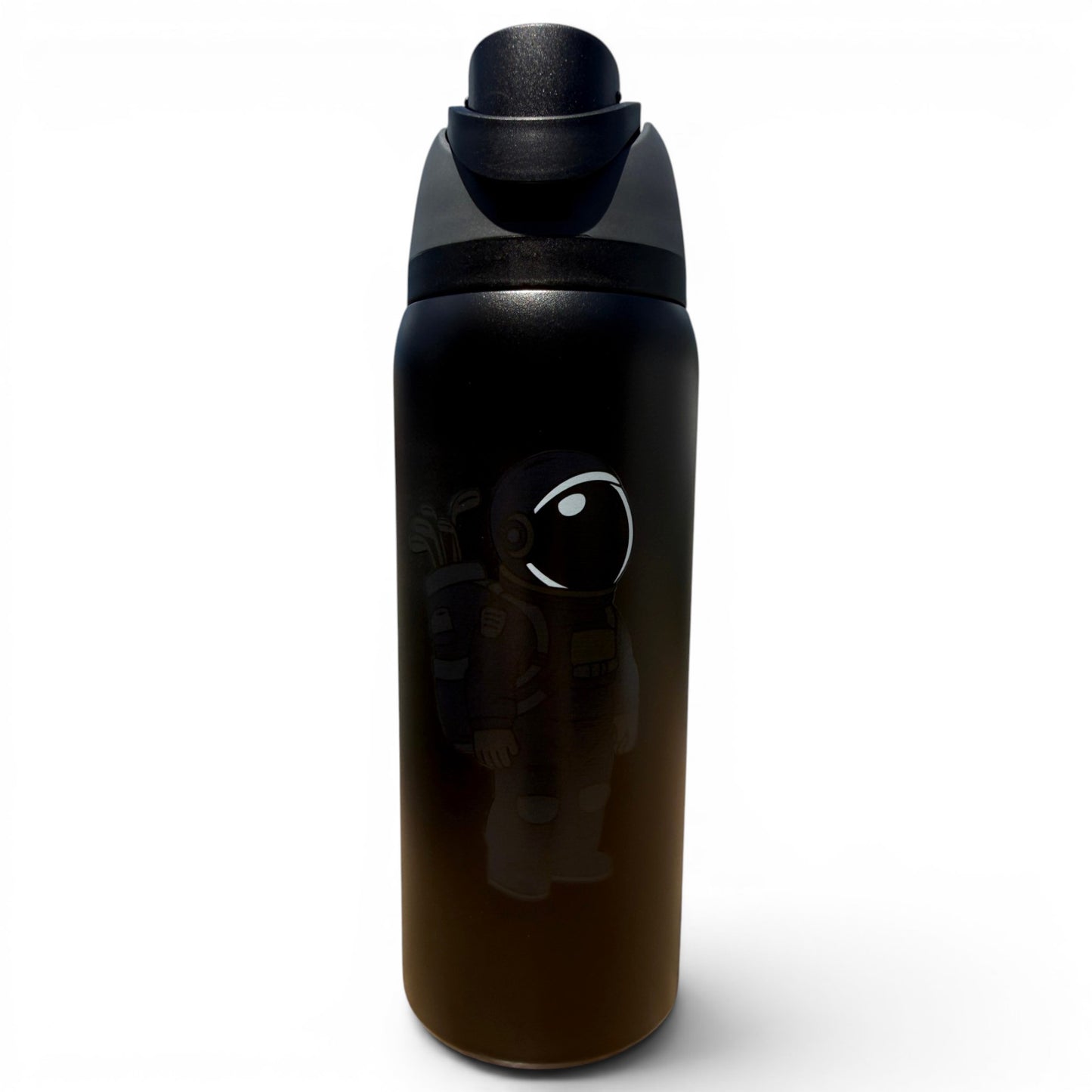 The Hydration Bottle – Astronaut Walker (Black Out) is a 32oz insulated stainless steel water bottle with a flip straw lid and handle, featuring a cartoon astronaut graphic on the front against a plain white background.