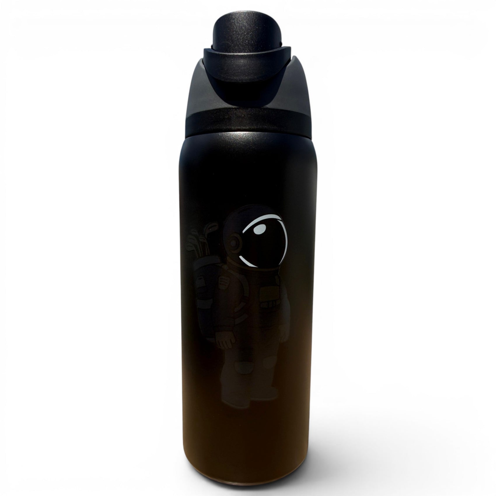 The Hydration Bottle – Astronaut Walker (Black Out) is a 32oz insulated stainless steel water bottle with a flip straw lid and handle, featuring a cartoon astronaut graphic on the front against a plain white background.