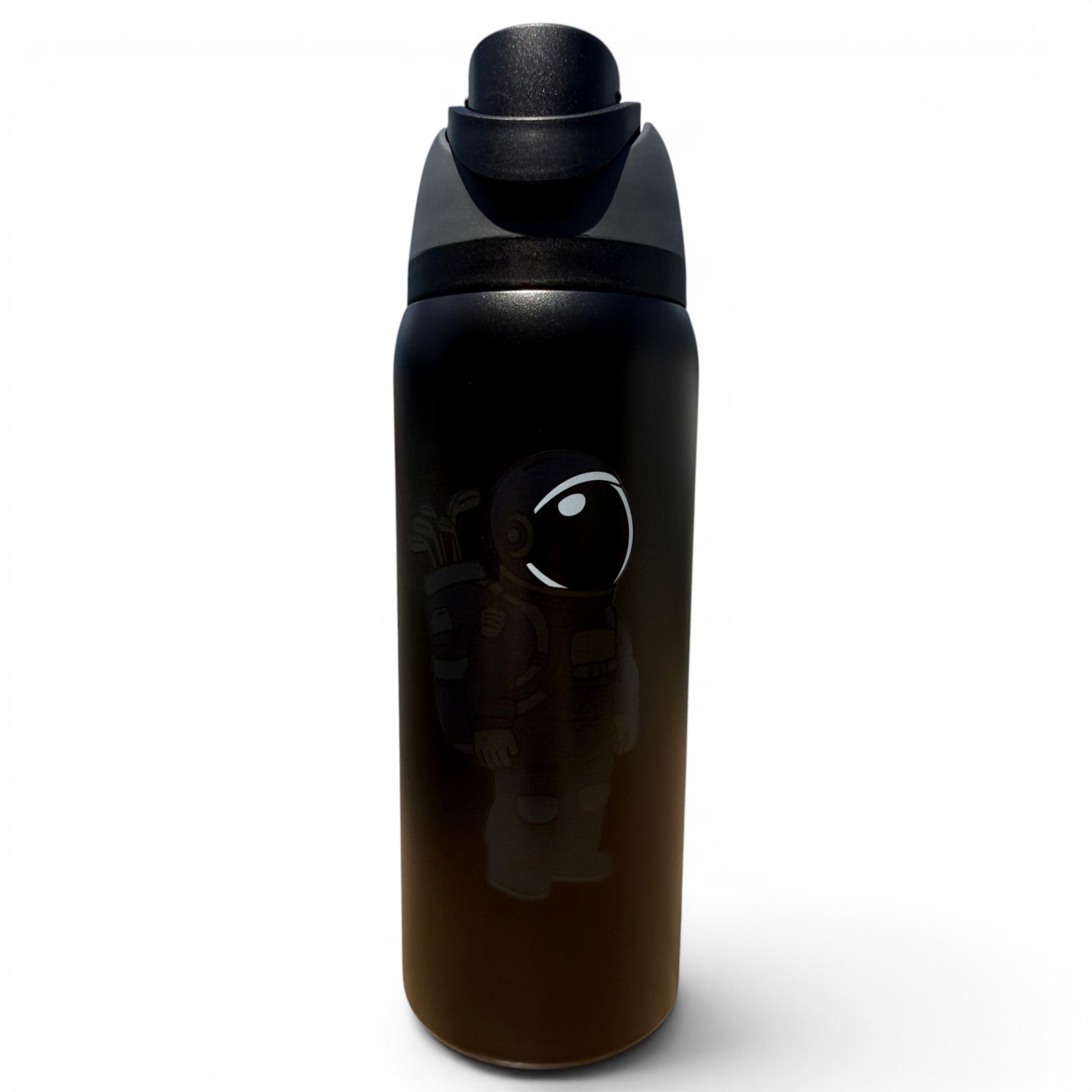 The Hydration Bottle – Astronaut Walker (Black Out) is a 32oz insulated stainless steel water bottle with a flip straw lid and handle, featuring a cartoon astronaut graphic on the front against a plain white background.