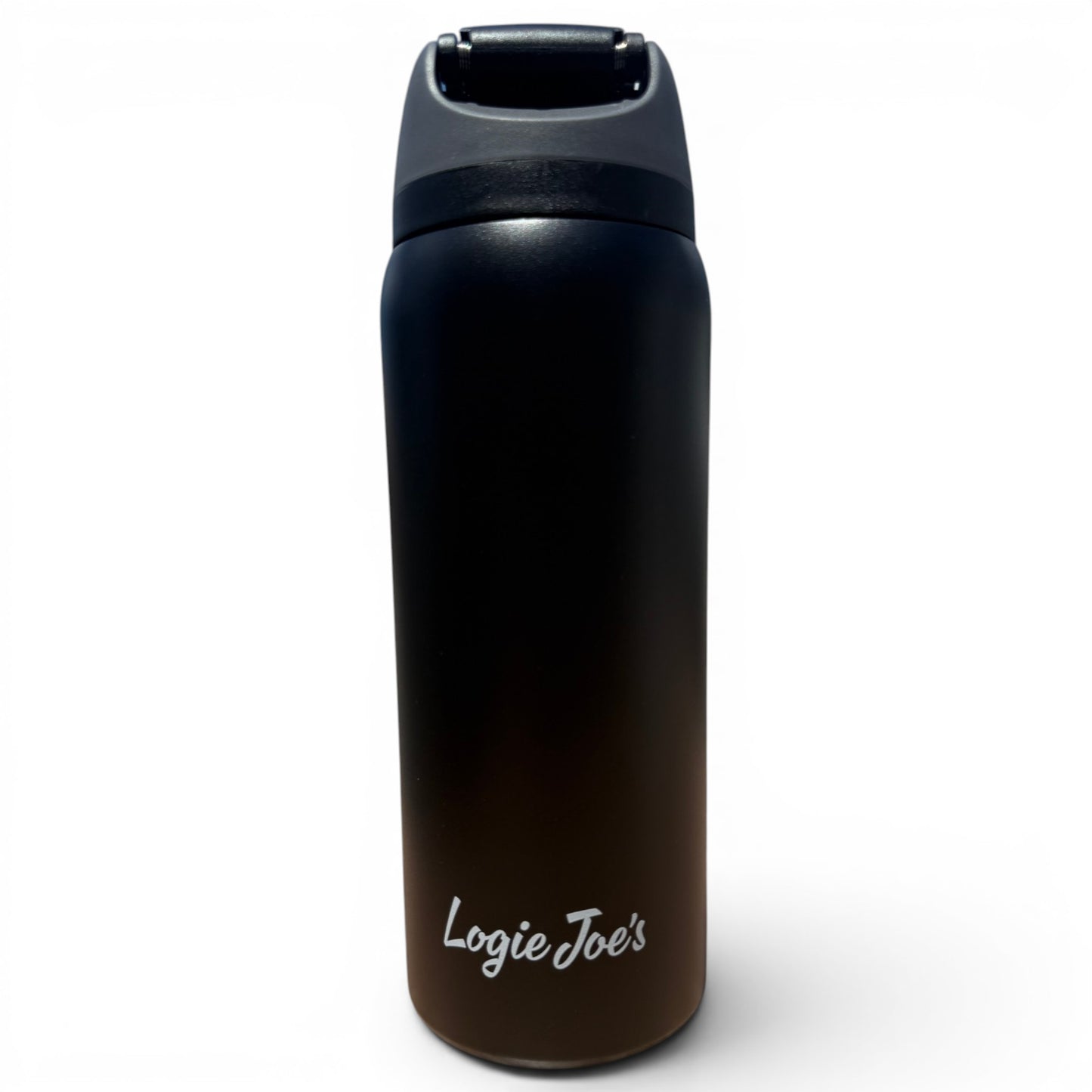 A black 32oz Hydration Bottle – Astronaut Walker (Black Out), featuring insulated stainless steel and a flip straw lid with handle, is shown against a white background with "Logie Joes" printed in white near the base.