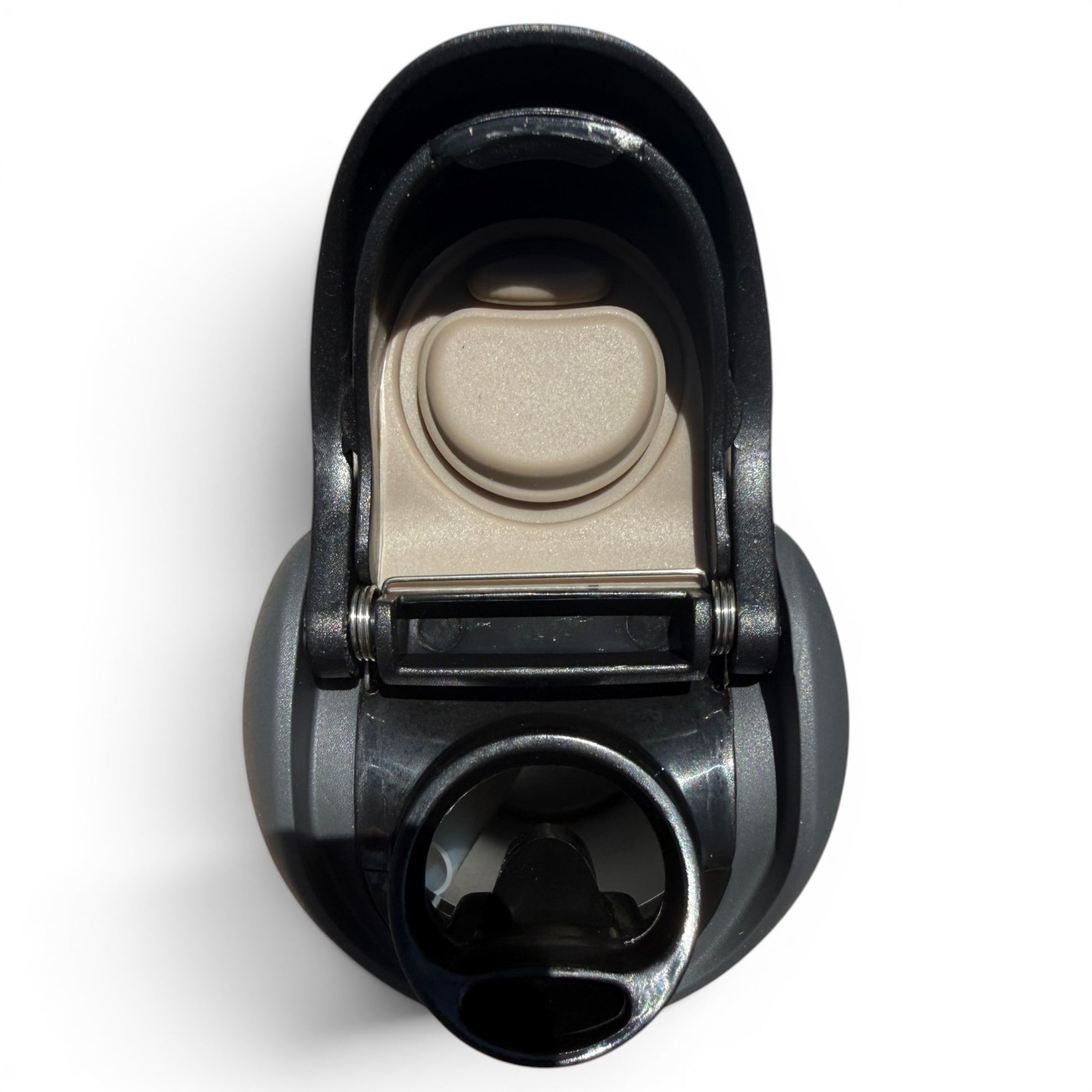 Close-up of the Hydration Bottle – Astronaut Walker (Black Out), 32oz insulated stainless steel with a black and gray flip straw lid and handle, featuring a circular spout, photographed from above on a white background.