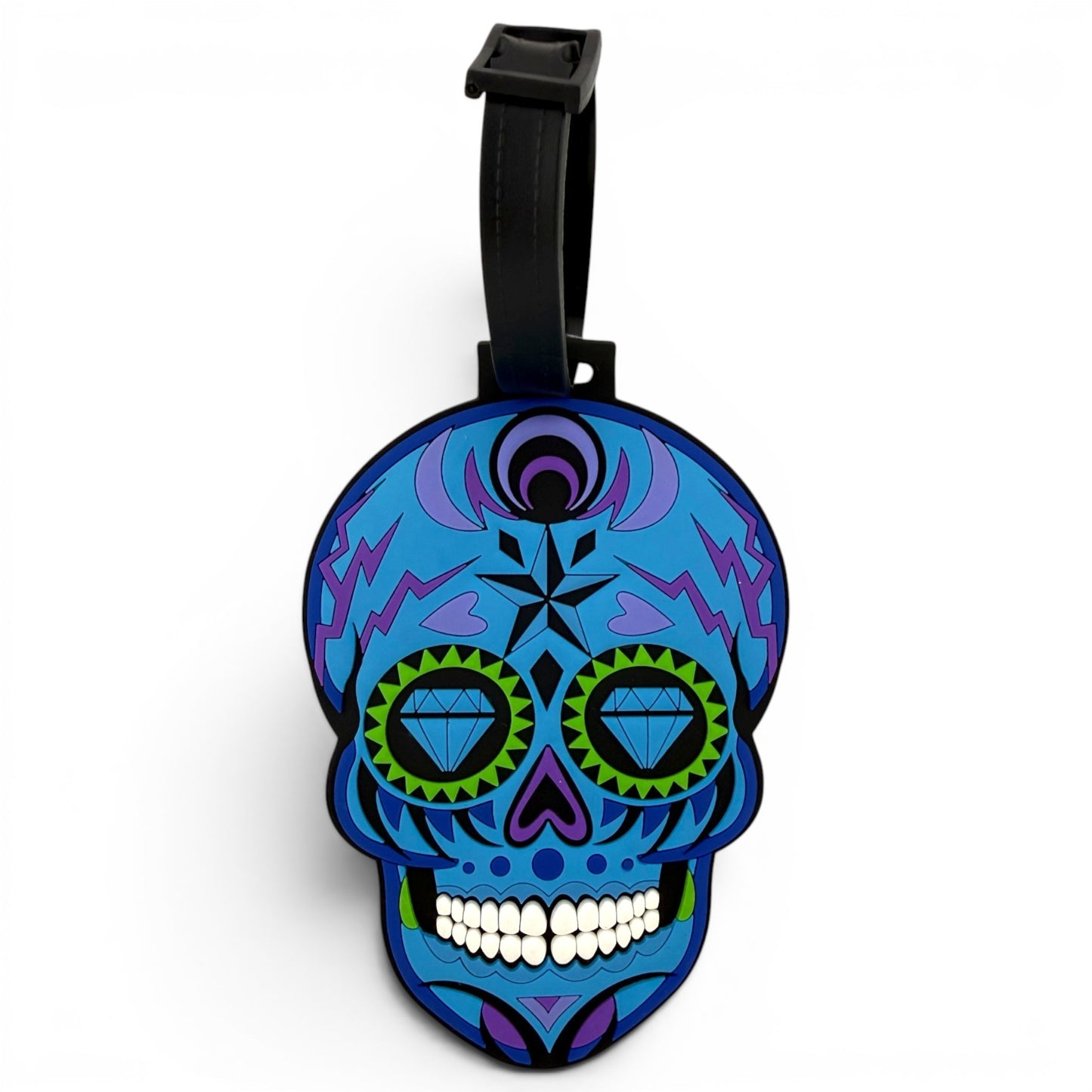 The Blue Sugar Skull Clip-On Tag features vibrant blue and purple patterns, diamond-shaped eyes, green accents, and a black strap—ideal as a writable luggage label or bold golf accessory.