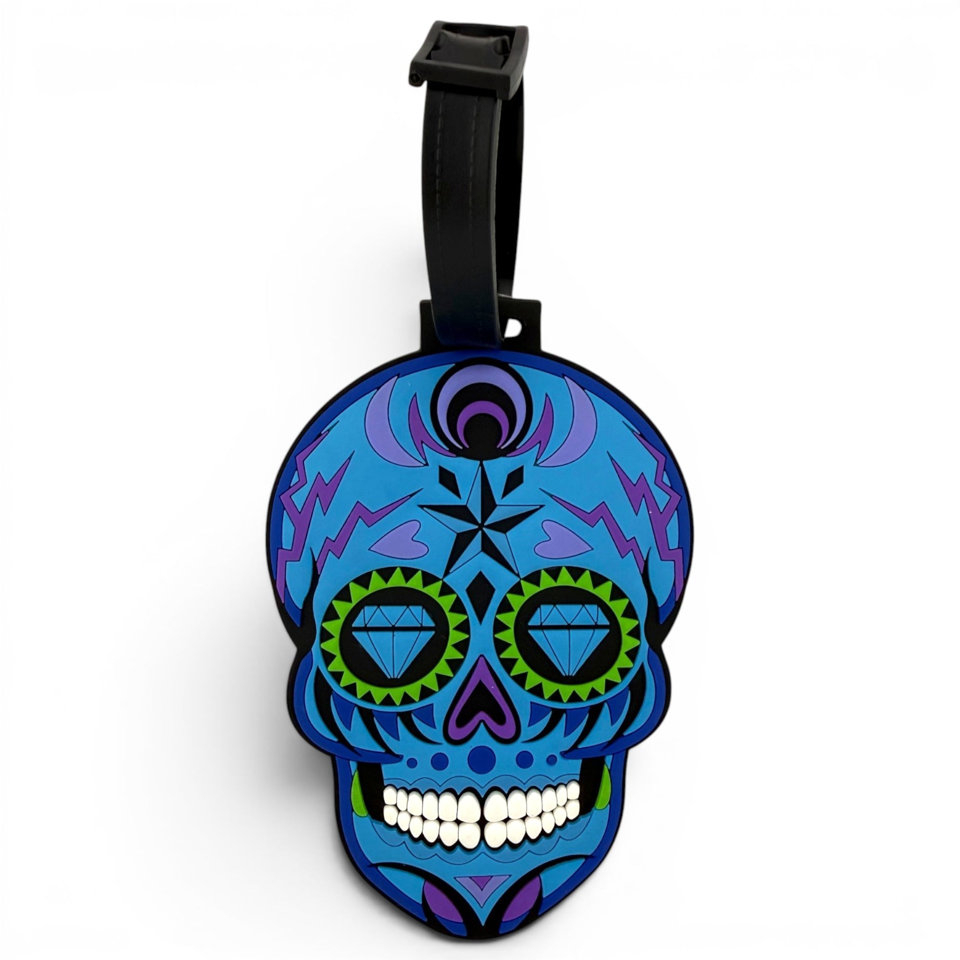 The Blue Sugar Skull Clip-On Tag features vibrant blue and purple patterns, diamond-shaped eyes, green accents, and a black strap—ideal as a writable luggage label or bold golf accessory.