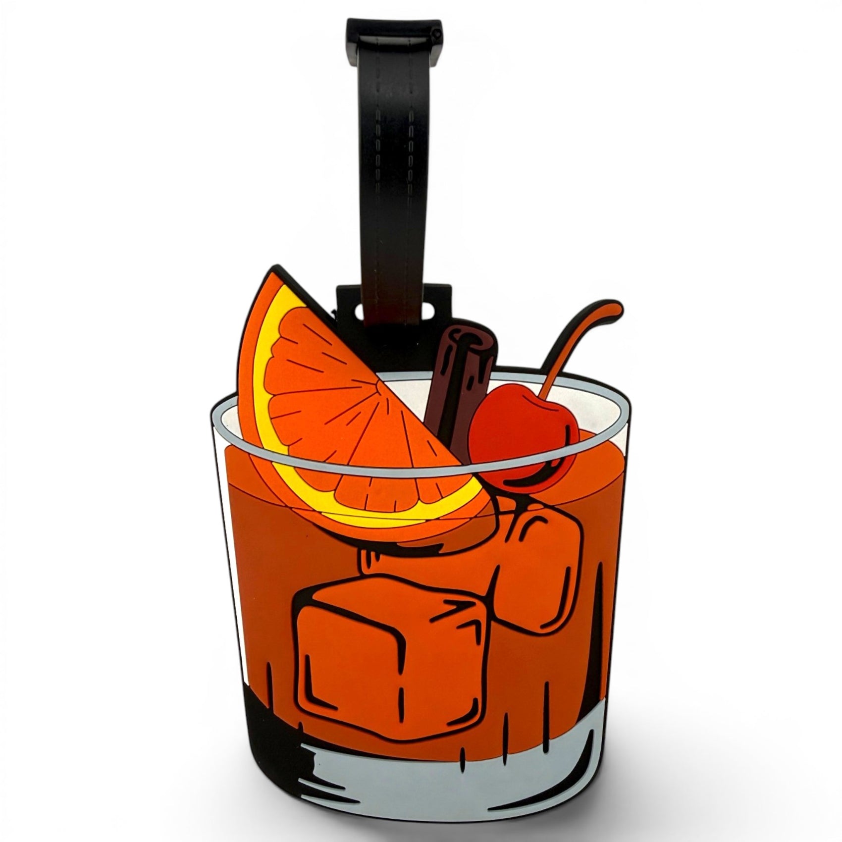 The Old-Fashioned Clip-On Tag is a multi-use bag tag shaped like an Old Fashioned cocktail with illustrated garnishes and a black strap—ideal as a travel tag, golf accessory, or stylish luggage tag.