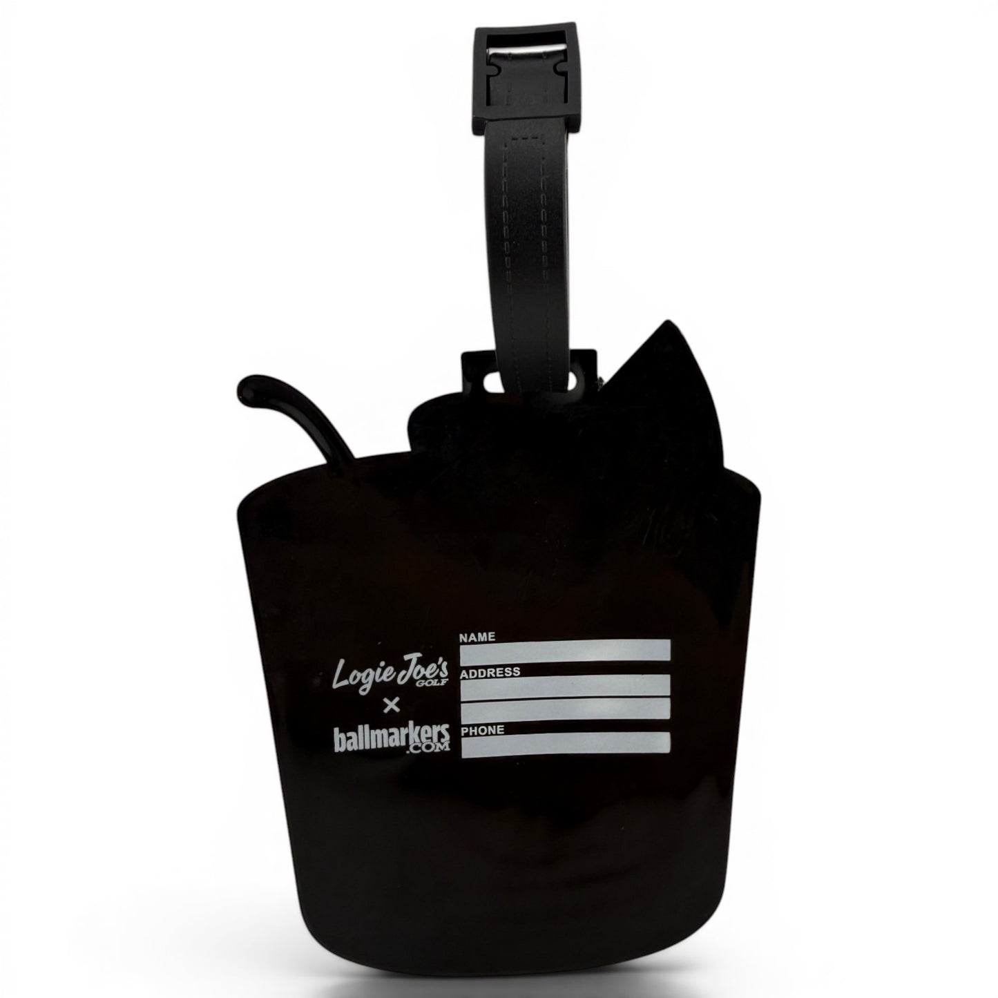 The Old-Fashioned Clip-On Tag is a black drink cup-shaped tag with a strap, featuring Name, Address, and Phone fields plus "Louie Joes x ballmarkers" text—a fun multi-use bag tag and golf accessory.