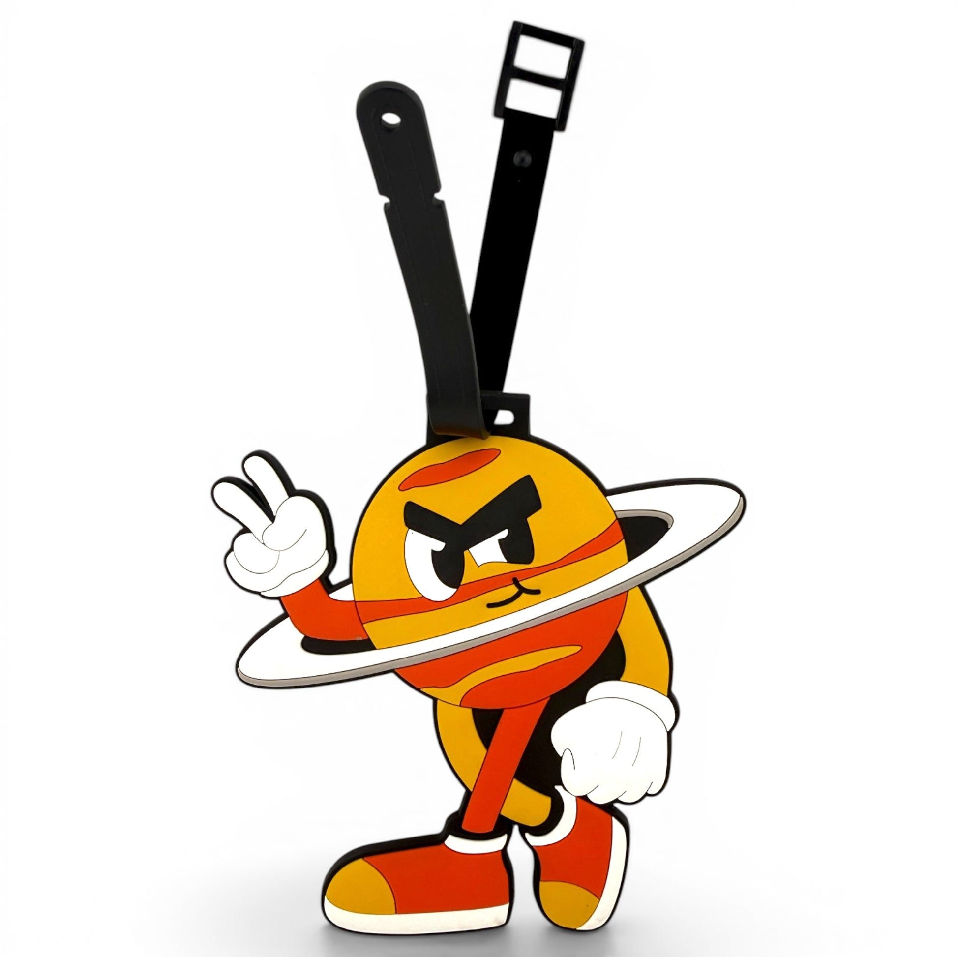 Cartoon orange planet with angry eyebrows, white gloves, red shoes, and a ring flashes a peace sign while walking—ideal as the Saturn Out Clip-On Tag: a unique bag tag for luggage or a fun golf accessory.