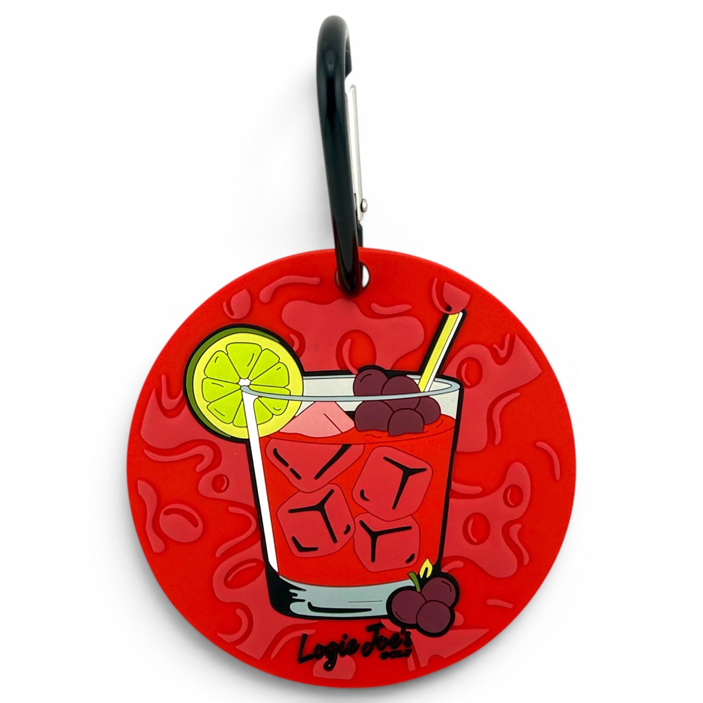 The Transfusion Golf Putting Disk is a round red keychain with a cartoon cocktail glass design featuring red liquid, ice, grapes, lime slice, and straw. Attached to a black clip, it’s a fun portable golf training aid. "Logic Joe’s" appears at the bottom.