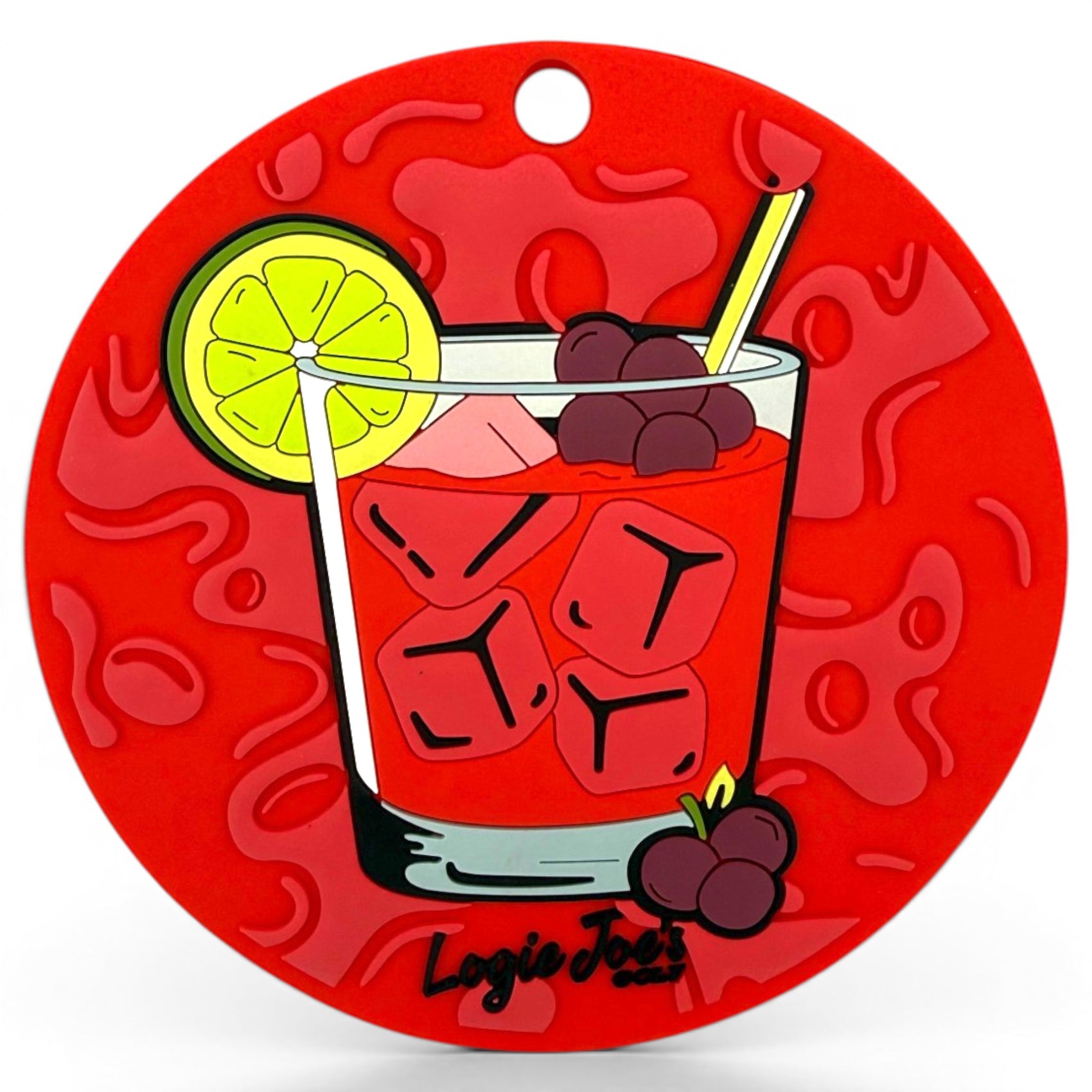 A round red tag shows a glass of red drink with ice, lemon, straw, and grapes over abstract shapes. "Louie Joes" appears below, making this Transfusion Golf Putting Disc a striking indoor practice marker and portable golf training aid.