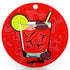 Illustration of a red cocktail with ice, lemon slice, and grapes on a bright red background. Below the glass are a Transfusion Golf Putting Disk and “Longie Joe’s.” Perfect portable marker for indoor golf training and practice.