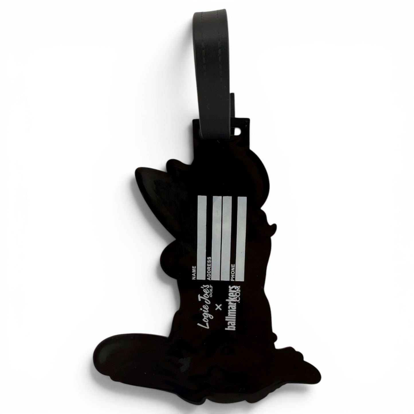 The Giddy Up Cart Girl Clip-On Tag is a black cartoon mouse-shaped ID tag with a blank name/address label and black strap—ideal as a multi-use bag tag, travel tag, or fun golf accessory.