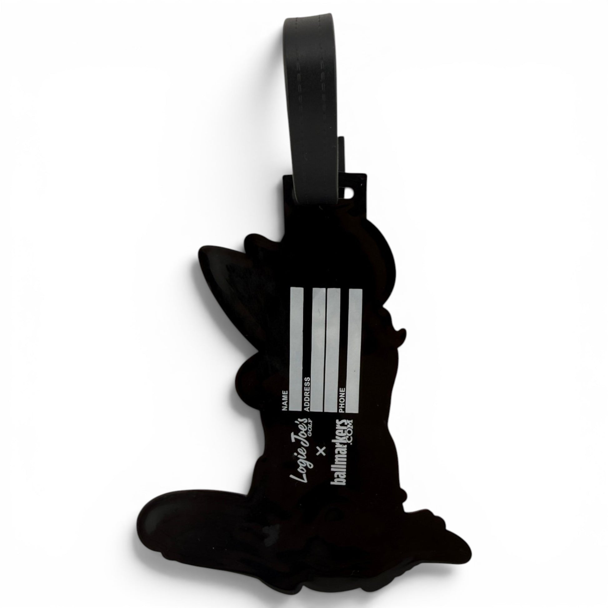 The Giddy Up Cart Girl Clip-On Tag is a black cartoon mouse-shaped ID tag with a blank name/address label and black strap—ideal as a multi-use bag tag, travel tag, or fun golf accessory.