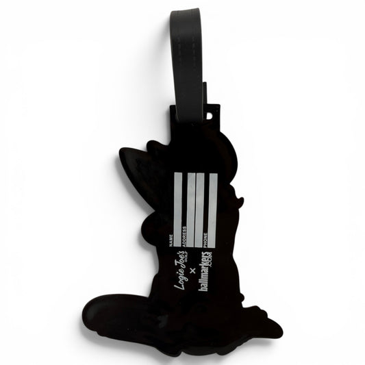 The Giddy Up Cart Girl Clip-On Tag is a black cartoon mouse-shaped ID tag with a blank name/address label and black strap—ideal as a multi-use bag tag, travel tag, or fun golf accessory.