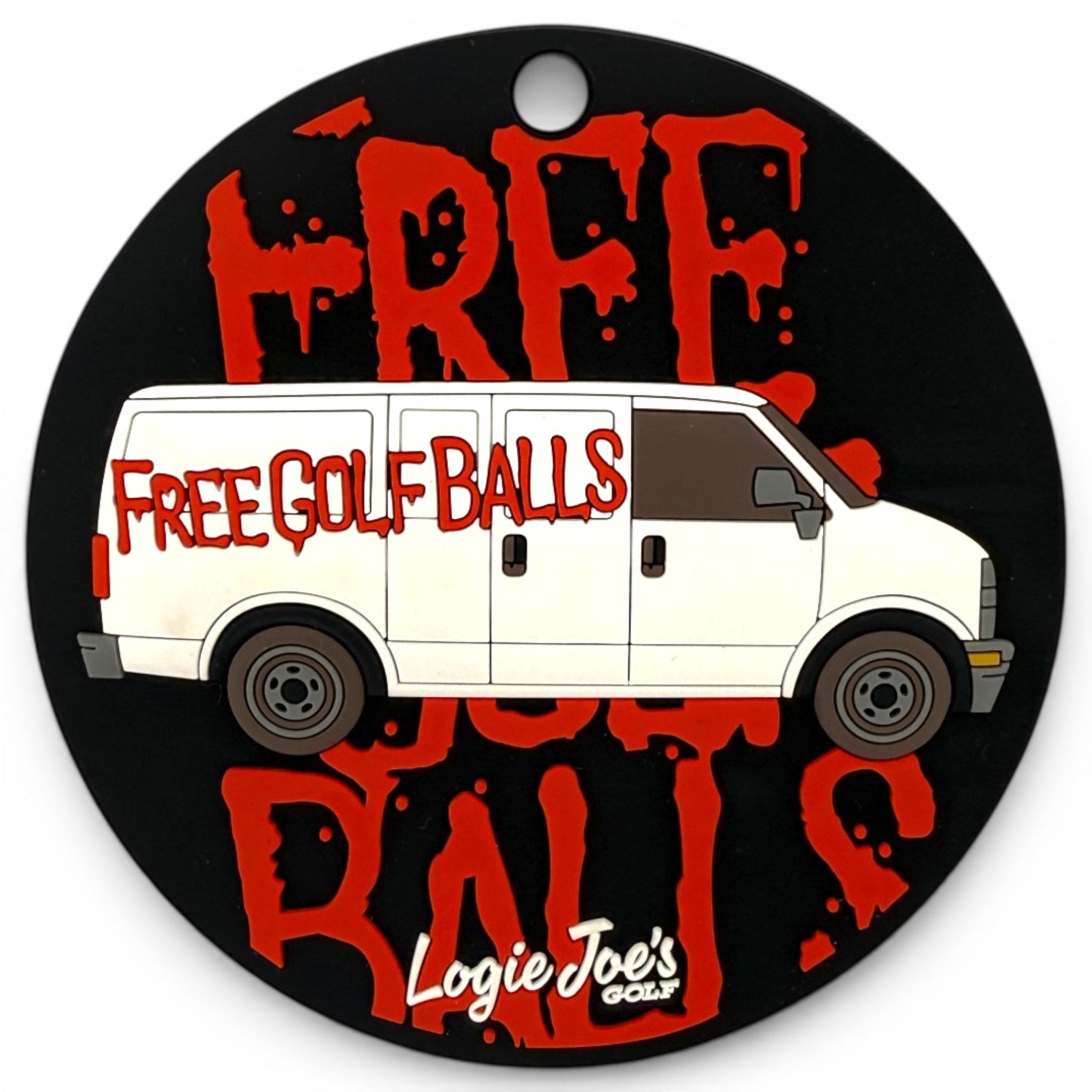 The Free Golf Balls Van Golf Putting Disc features a white van with "FREE GOLF BALLS" in red spray paint lettering on a black round tag, evoking portable golf practice. "Logie Joes Golf" is scripted in white at the bottom.