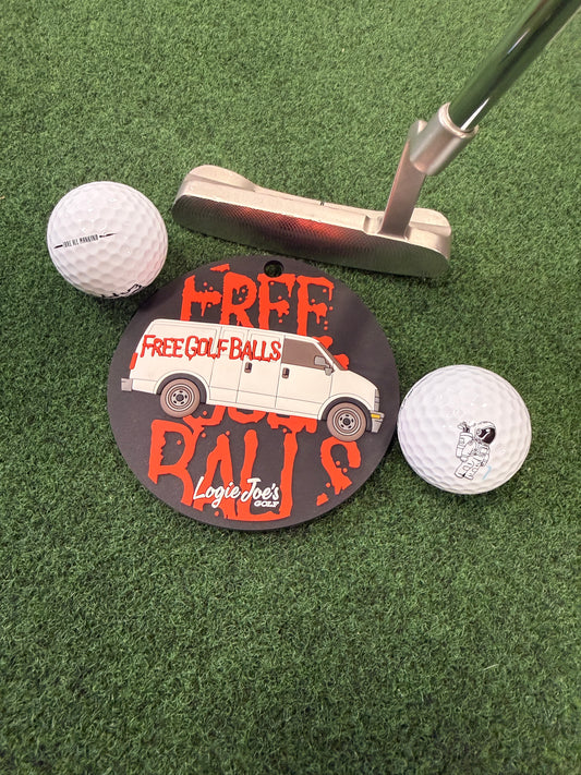 The Free Golf Balls Van Golf Putting Disc, with two balls and a circular 