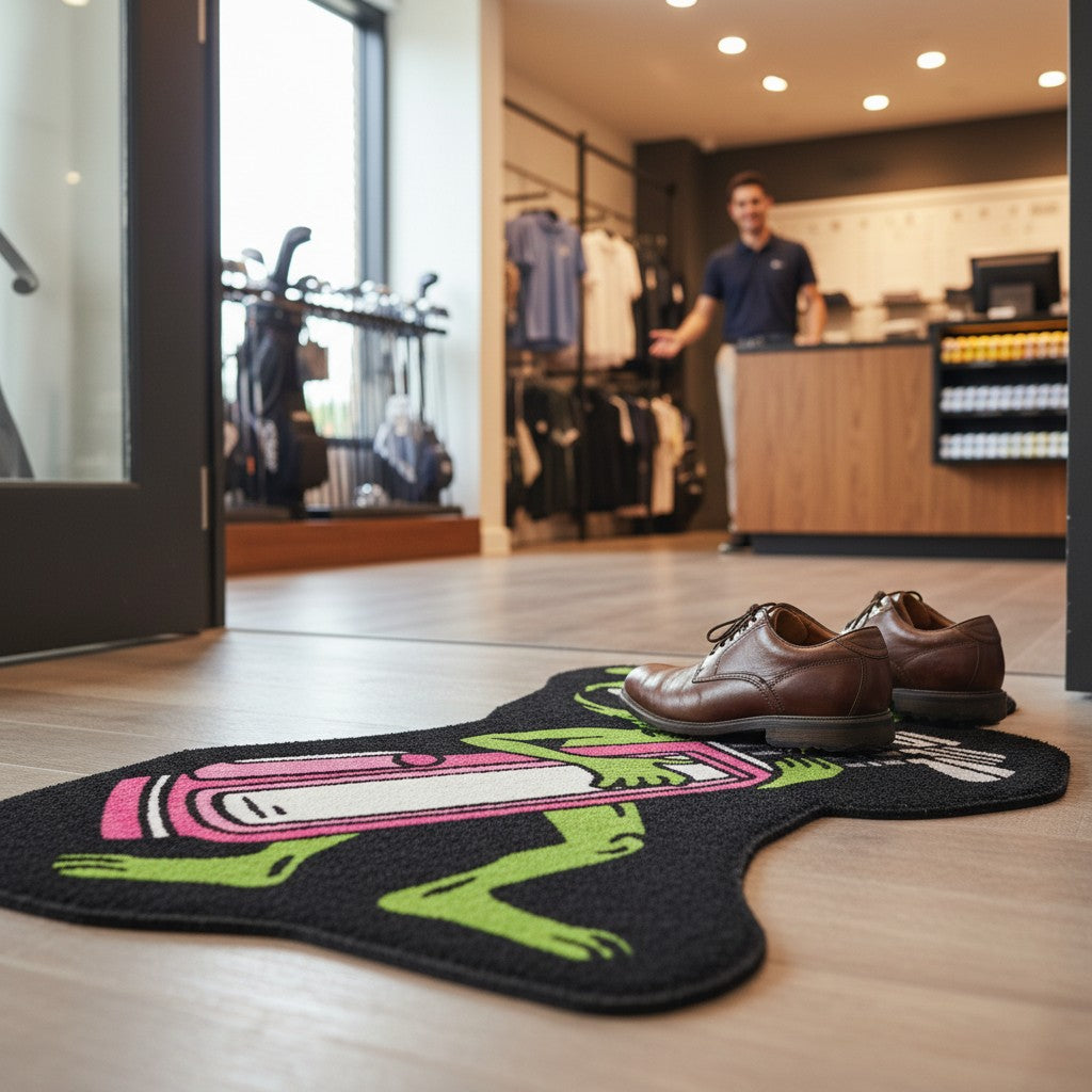 A pair of dress shoes sits on the Alien Caddy Golf Shop Mat, a unique cart accessory, inside Logie Joe’s modern store. In the background, a person smiles and gestures behind a wooden counter.
