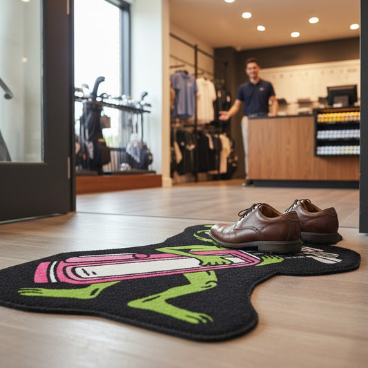 A pair of dress shoes sits on the Alien Caddy Golf Shop Mat, a unique cart accessory, inside Logie Joe’s modern store. In the background, a person smiles and gestures behind a wooden counter.