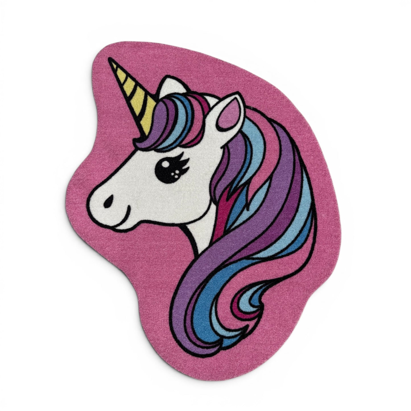 The Cute Unicorn Golf Shop Mat is a pink rug shaped like a unicorn's head with a white face, yellow horn, black eye, and colorful purple, blue, and pink mane—an adorable cart accessory to brighten any shop space.