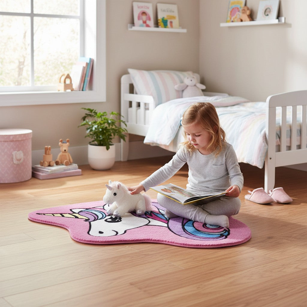 A young girl sits on the Cute Unicorn Golf Shop Mat in her cozy bedroom, reading beside a stuffed unicorn. Surrounded by plants, toys, and bookshelves, the room is brightened by gentle natural light from the window.