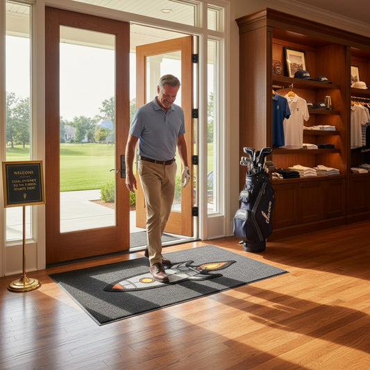 A man in golf attire steps onto the Pocket Rocket | Golf Shop Mat | Cart Accessory, featuring a golf design at a shop entrance with golf merchandise and a nearby golf bag as sunlight shines through the glass doors.