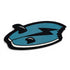 The Shark Bite Golf Shop Mat features a cartoon blue fish with black fins, a lightning bolt, and a bite mark—ideal as a playful cart accessory or shop mat from Logie Joe’s, shown on a crisp white background.