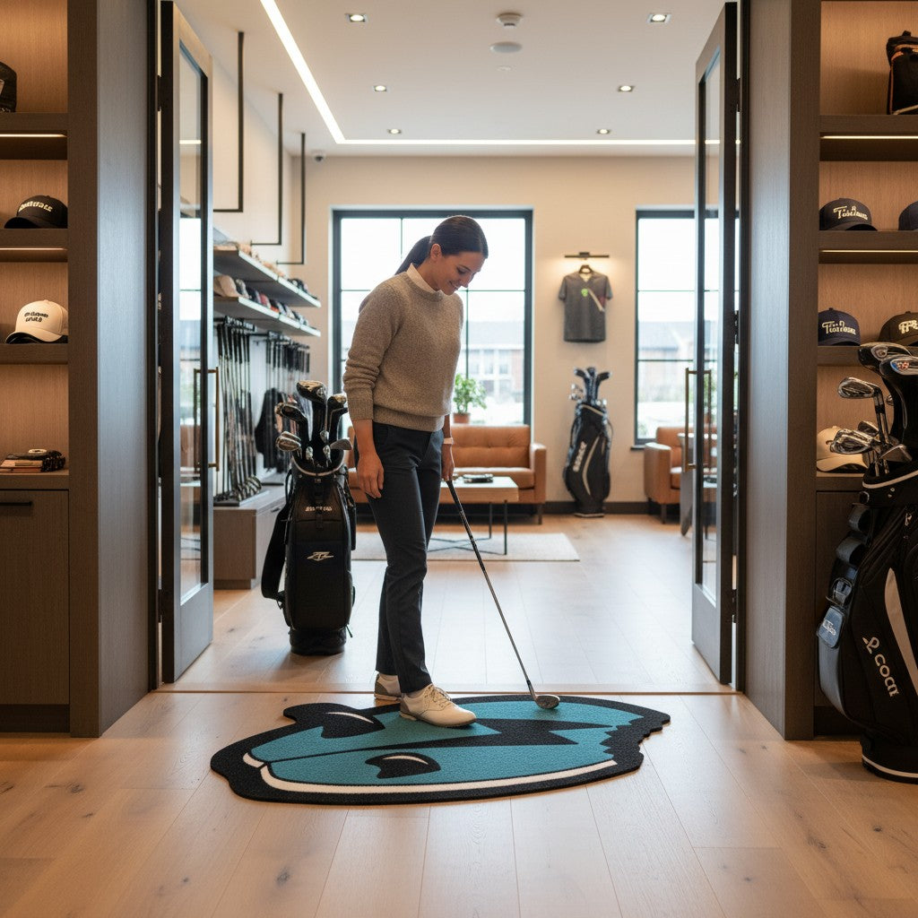 A woman stands indoors on a Shark Bite Golf Shop Mat, putting with a club in a modern shop filled with golf gear, accessories, and apparel. Golf bags and hats are displayed neatly around the space.