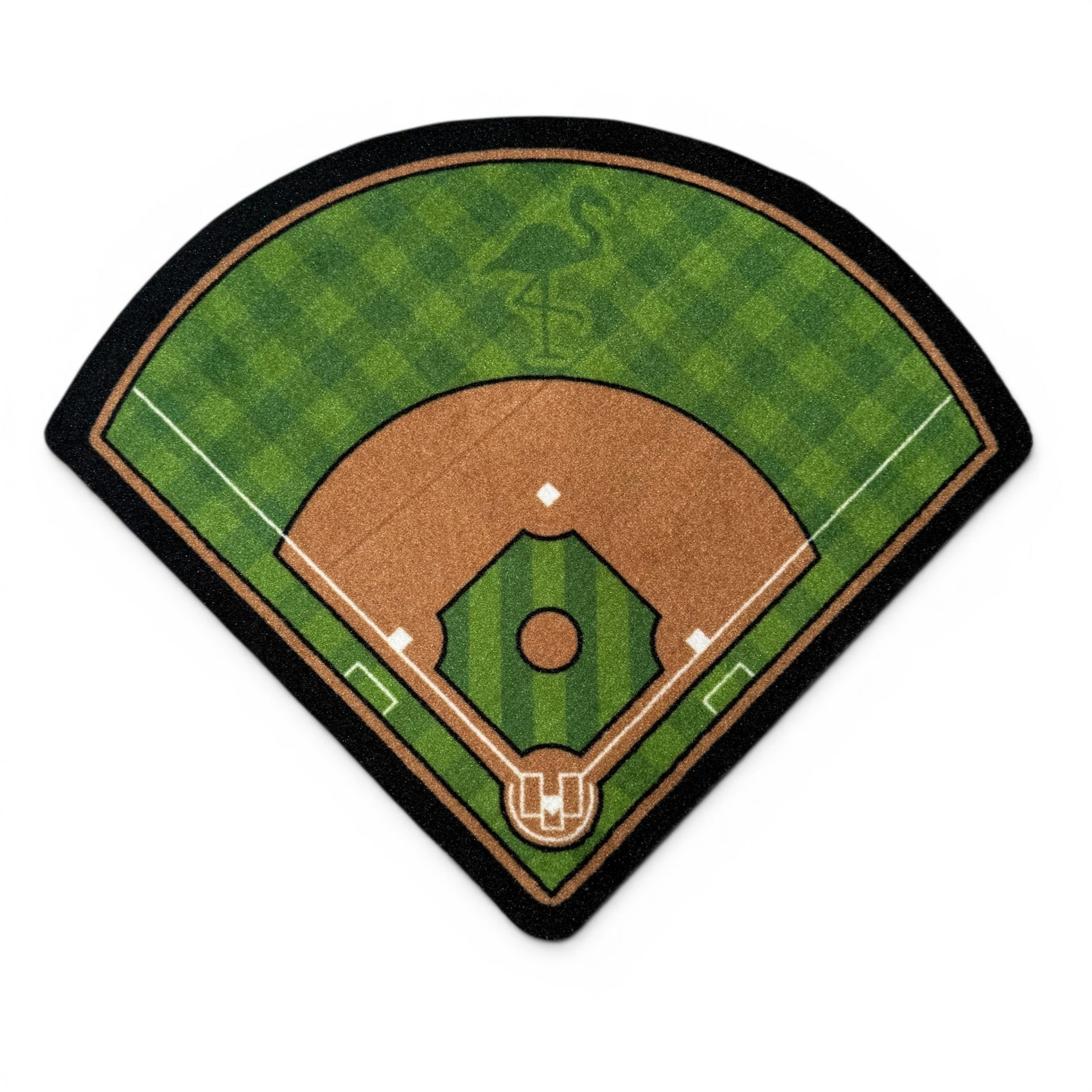 The Baseball Field | Golf Shop Mat | Cart Accessory is a home plate-shaped floor mat with green grass, a brown infield, white bases, and a stylized bird logo in the outfield, perfect for baseball enthusiasts.