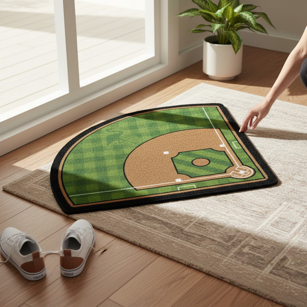 The Baseball Field | Golf Shop Mat | Cart Accessory, designed to look like a baseball field, is being placed by hand on a beige rug near a window, with white shoes and a potted plant on the wooden floor nearby.
