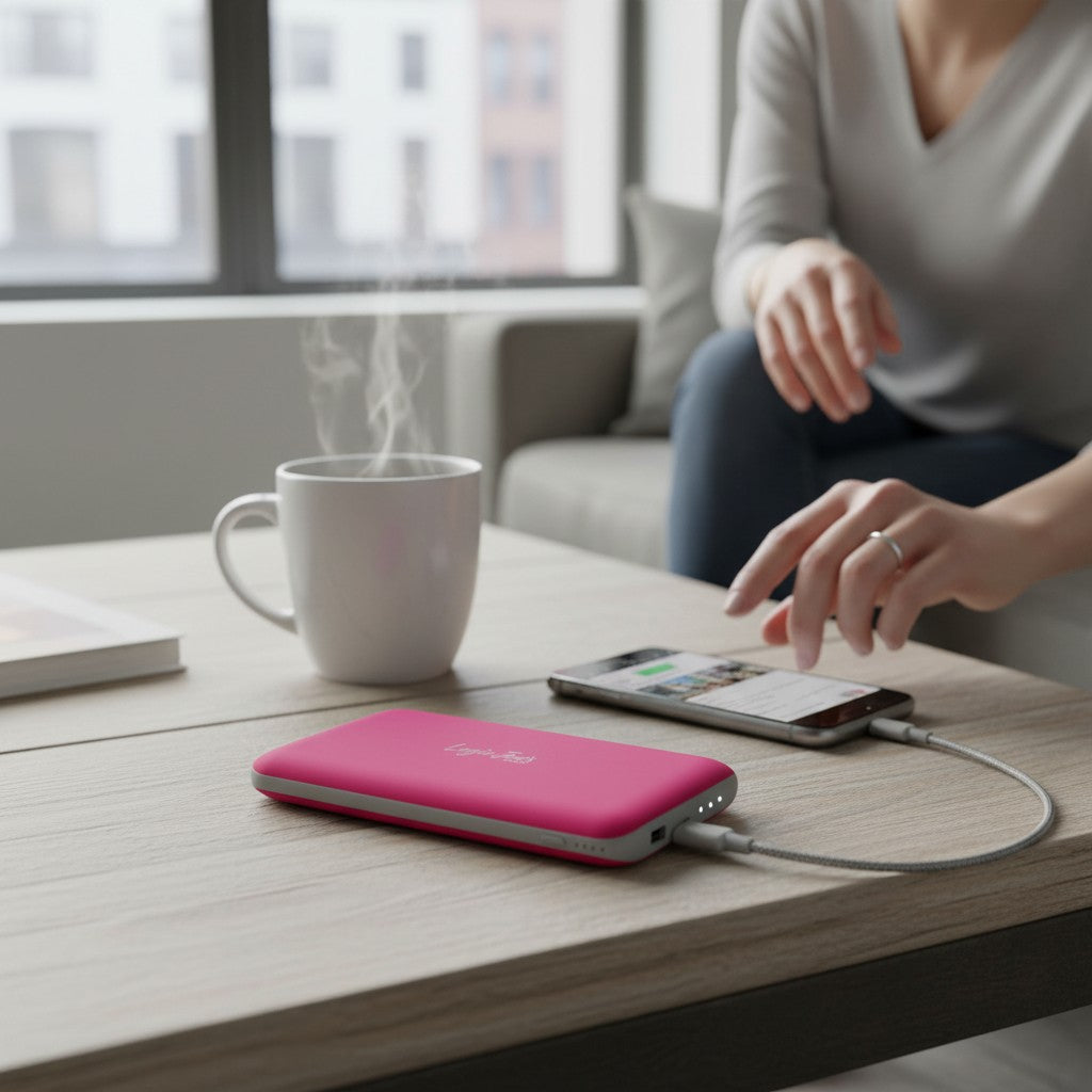 A person relaxes on a sofa using a smartphone connected to the Fast Charge Power Bank, a 10,000mAh slim USB-C portable charger for iPhone & Android, on the coffee table beside a steaming mug and large window with city views.