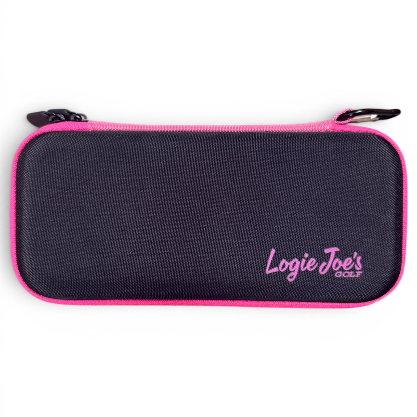 The Black/Pink Golf Accessory Case is a rectangular, zippered organizer with pink trim and "Logie Joe’s Golf" in pink on the lower right corner, perfect for ball markers, tees, divot tools & glove.