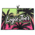 The Neon Palms Golf Towel (24” x 16”), a premium microfiber golf towel, features "Logie Joes GOLF" in bold white and pink on a black, green, and pink palm tree background. Includes a magnetic clip, carabiner, and flamingo button.