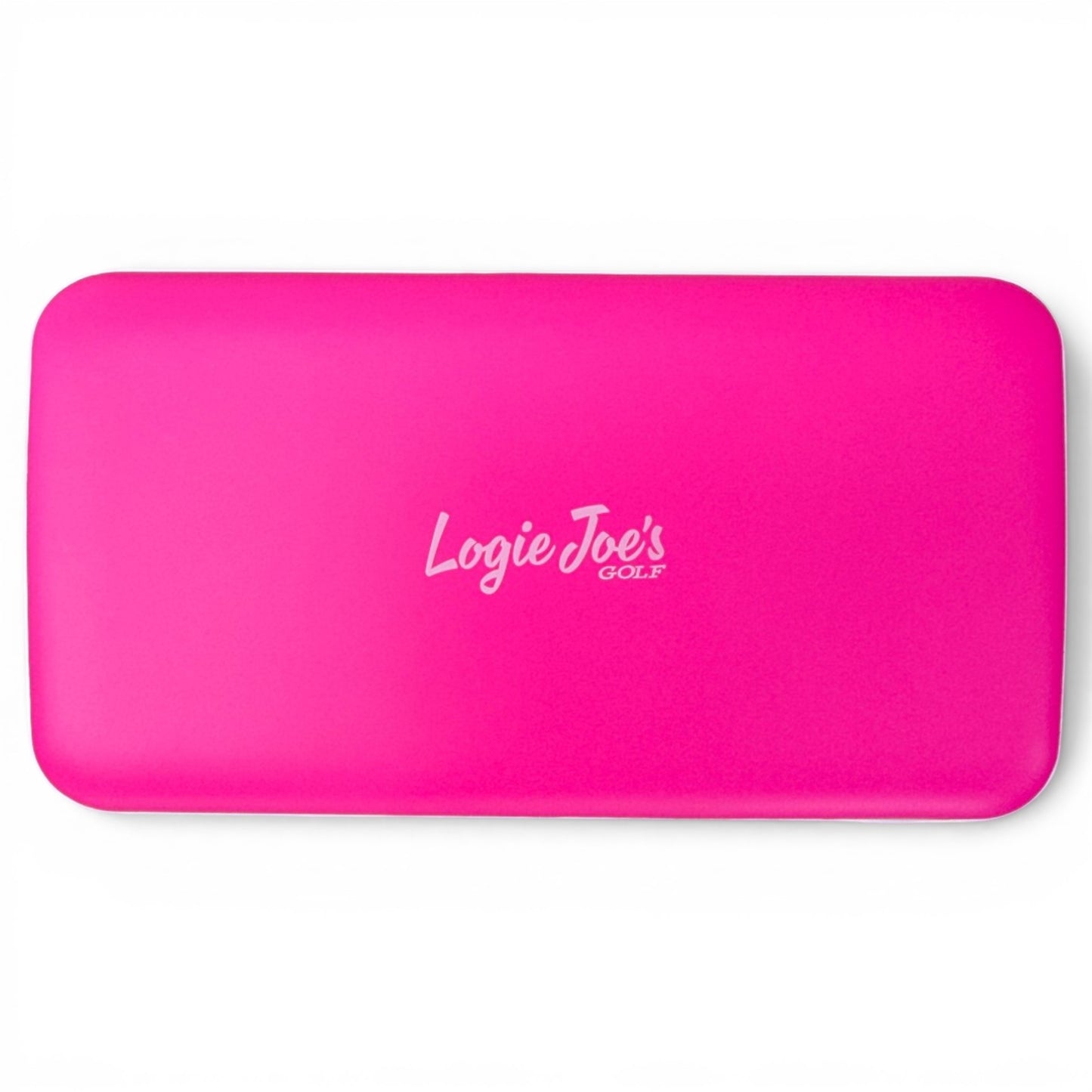 A bright pink rectangular Fast Charge Power Bank (10,000mAh) with rounded corners and "Logie Joes Golf" printed in white at the center, shown on a plain white background. Slim USB-C design—perfect for iPhone, Android, travel, and golf.