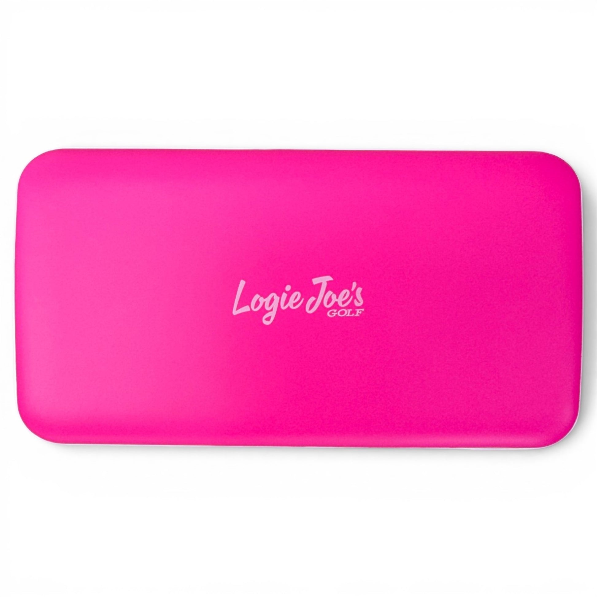 A bright pink rectangular Fast Charge Power Bank (10,000mAh) with rounded corners and "Logie Joes Golf" printed in white at the center, shown on a plain white background. Slim USB-C design—perfect for iPhone, Android, travel, and golf.