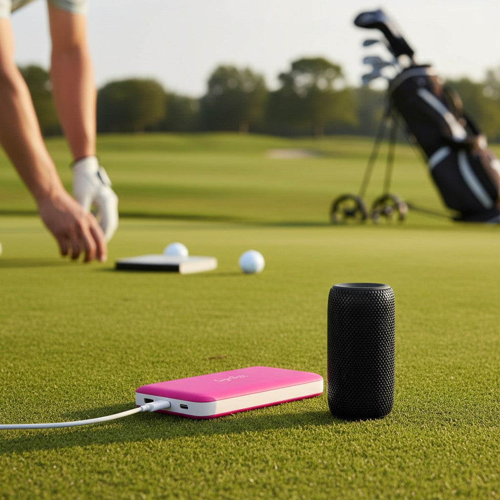 A golfer places golf balls on the green near a pink Fast Charge Power Bank (10,000mAh Portable Charger, Slim USB-C Battery Pack for iPhone & Android), with a black wireless speaker, golf bag, and trees in the background.