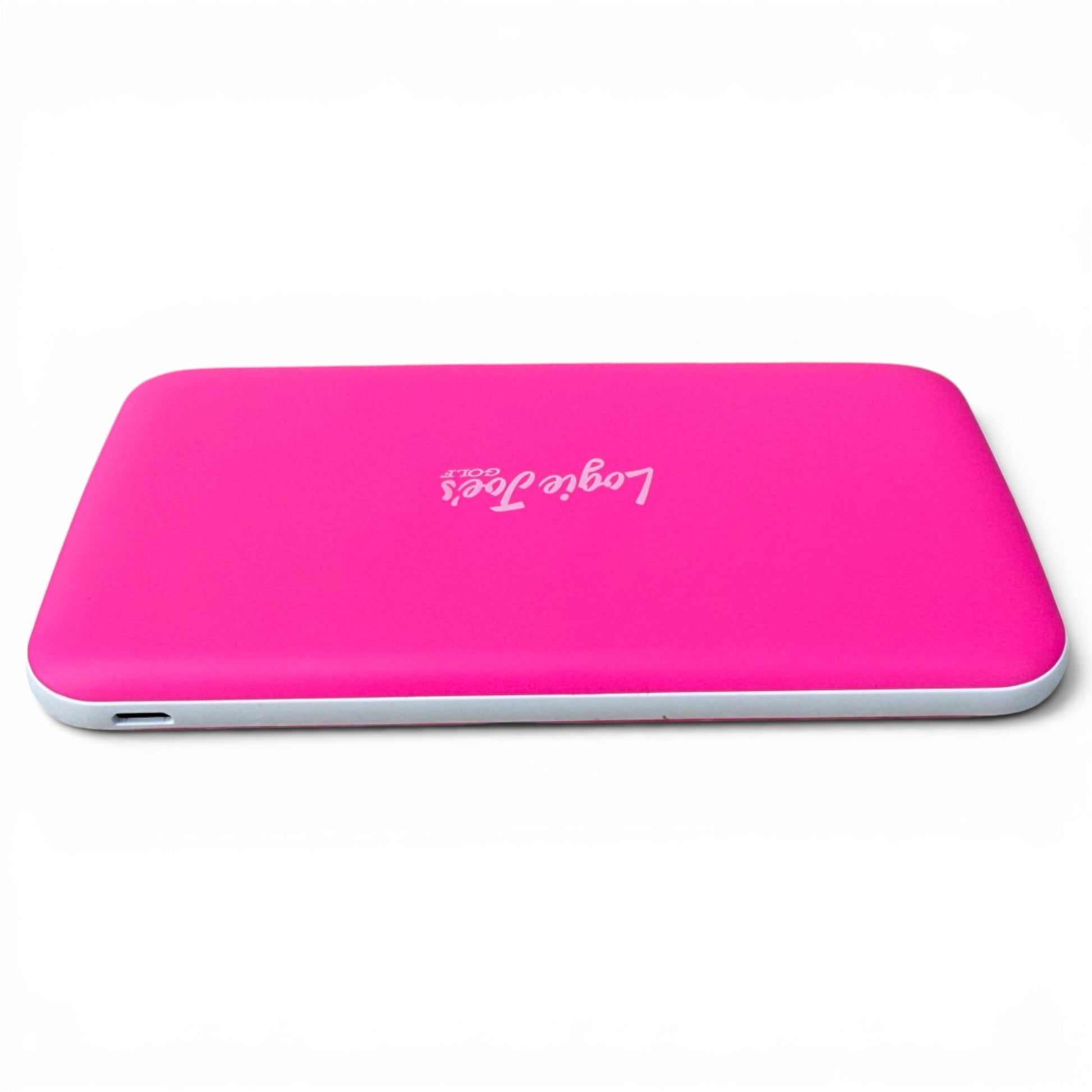 A slim, rectangular pink Fast Charge Power Bank (10,000mAh) with rounded edges and "LoggJots" in white on top rests on a white surface; it's a portable USB-C charger for iPhone, Android, travel, and golf.
