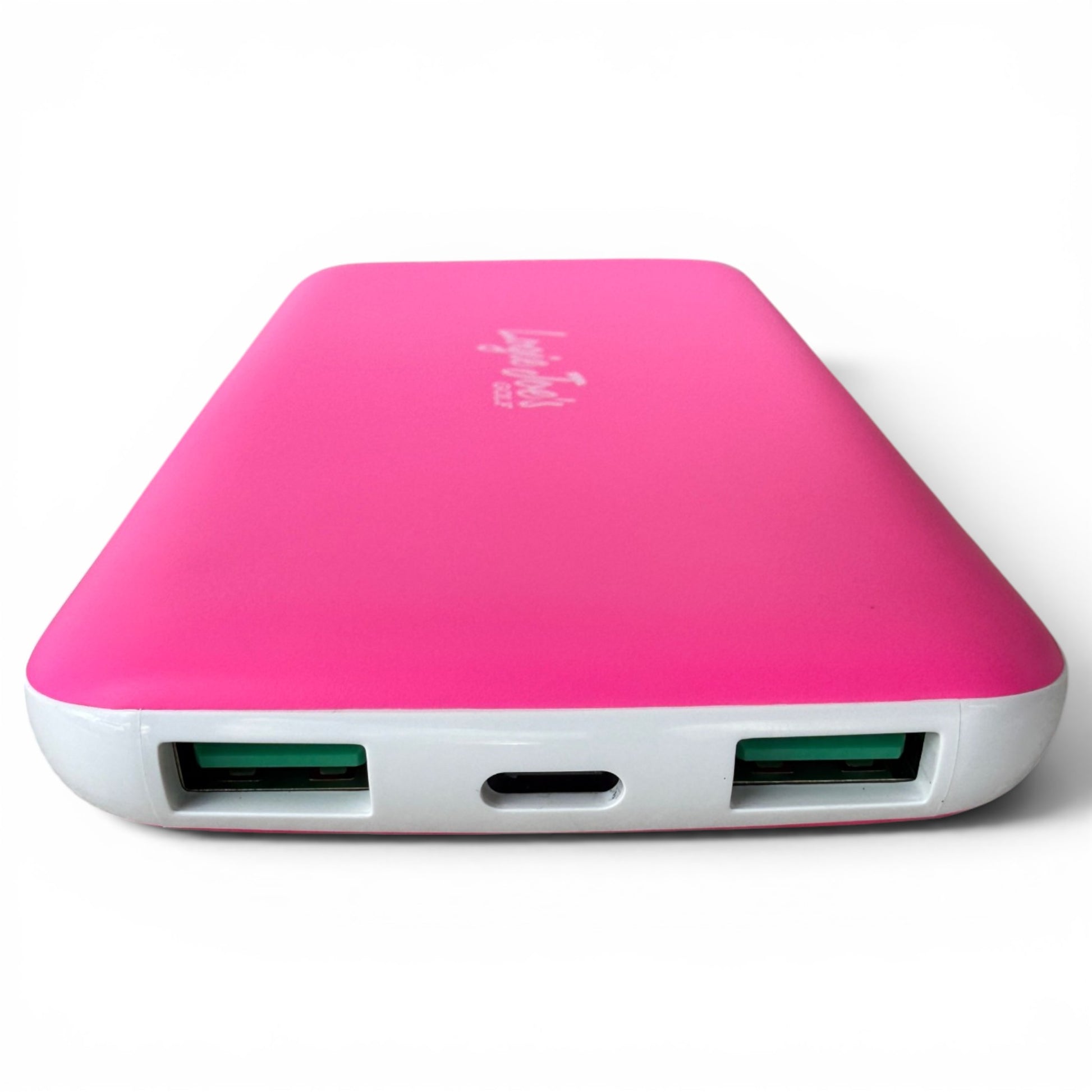 The Fast Charge Power Bank is a slim, pink and white 10,000mAh portable charger with two USB ports and one micro USB port. Ideal for travel or golf, this USB-C battery pack keeps your iPhone or Android powered on the go. Shown on a white background.