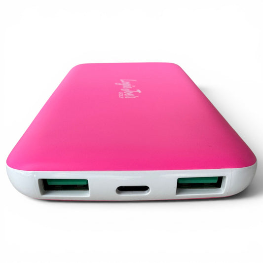 The Fast Charge Power Bank is a slim, pink and white 10,000mAh portable charger with two USB ports and one micro USB port. Ideal for travel or golf, this USB-C battery pack keeps your iPhone or Android powered on the go. Shown on a white background.