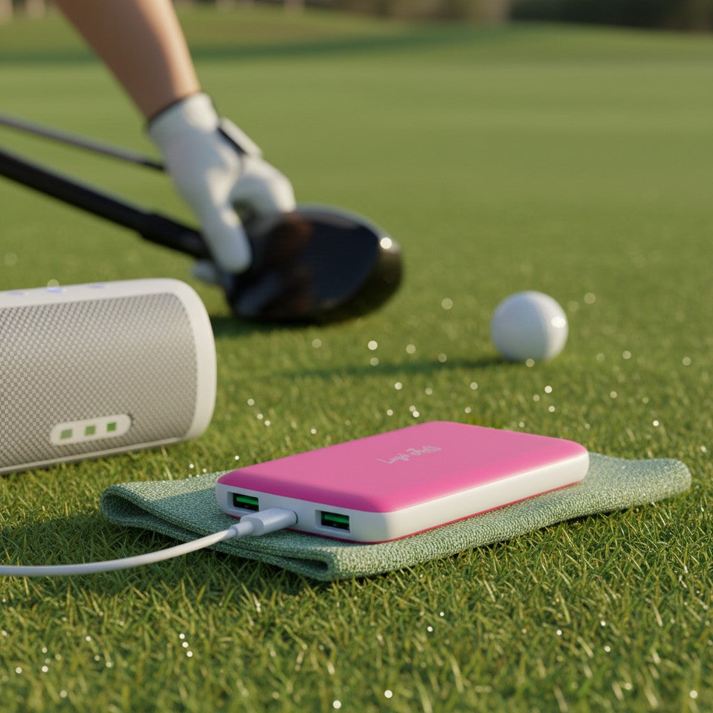 A Fast Charge Power Bank (10,000mAh Portable Charger, Slim USB-C Battery Pack for iPhone & Android, Travel & Golf Ready) rests on a green towel at a golf course beside a wireless speaker, with golf gear in the background.